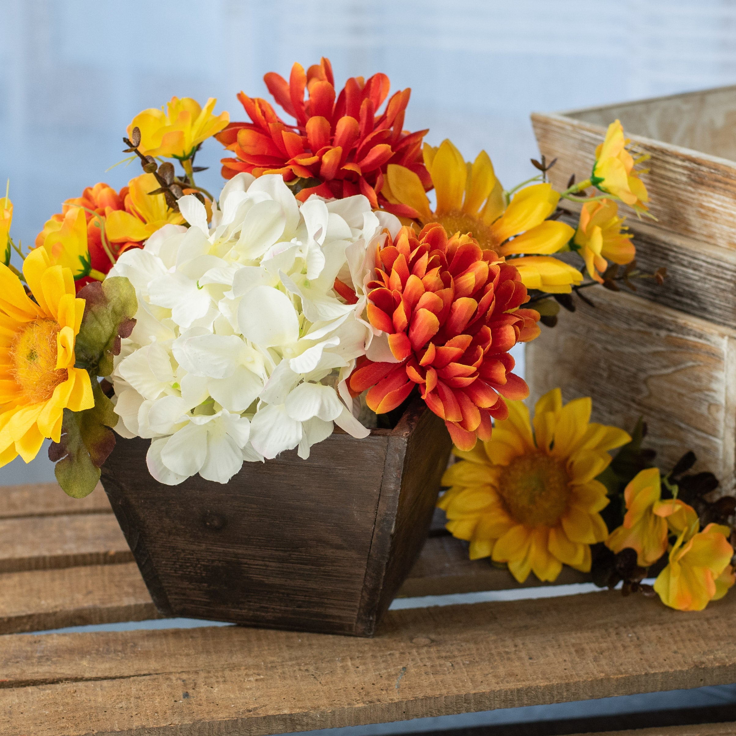6" Tapered Wooden Planter: Brown Wash Lifestyle Photo