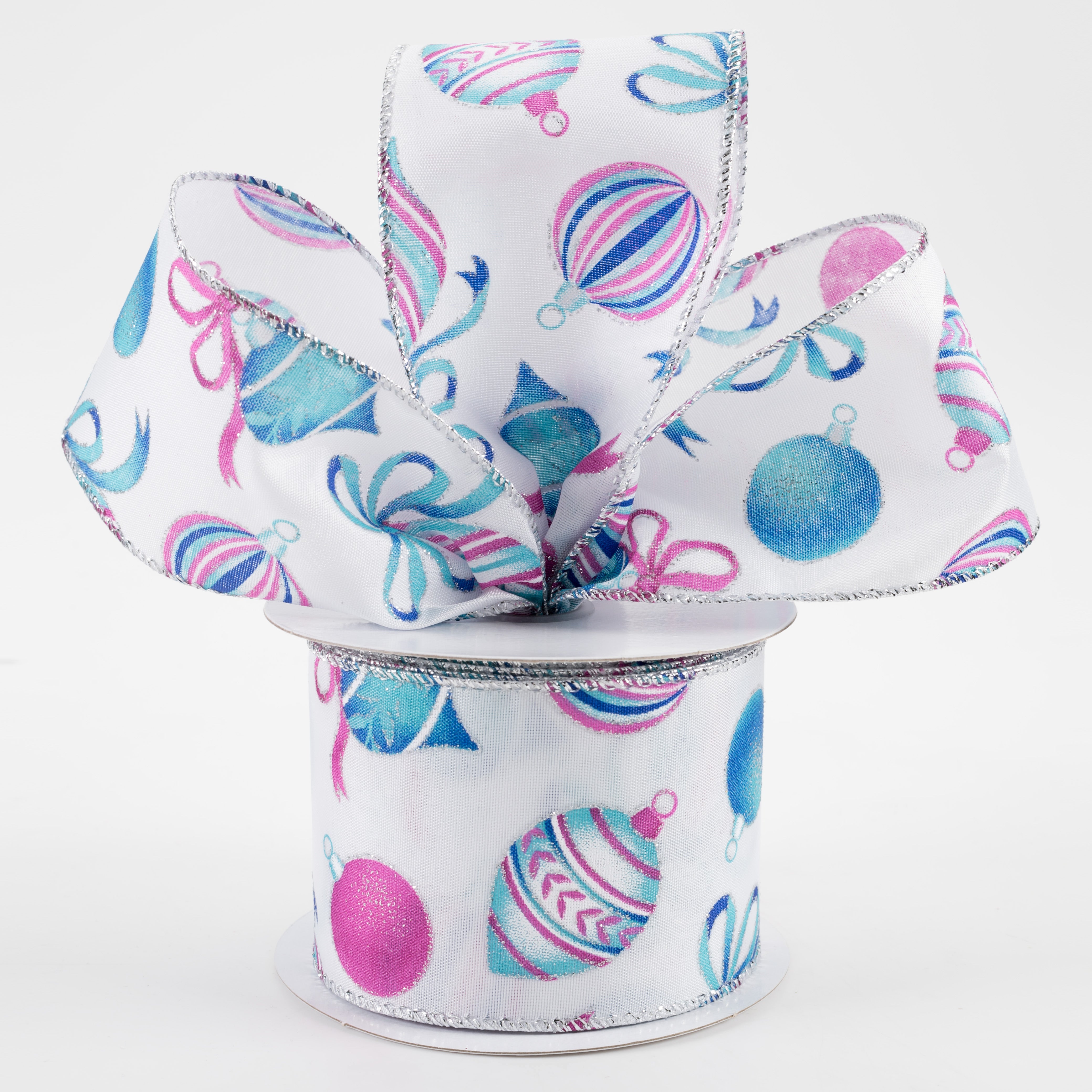 2.5" Teal & Fuchsia Ornaments on White Satin Ribbon (10 yards) Lifestyle Photo