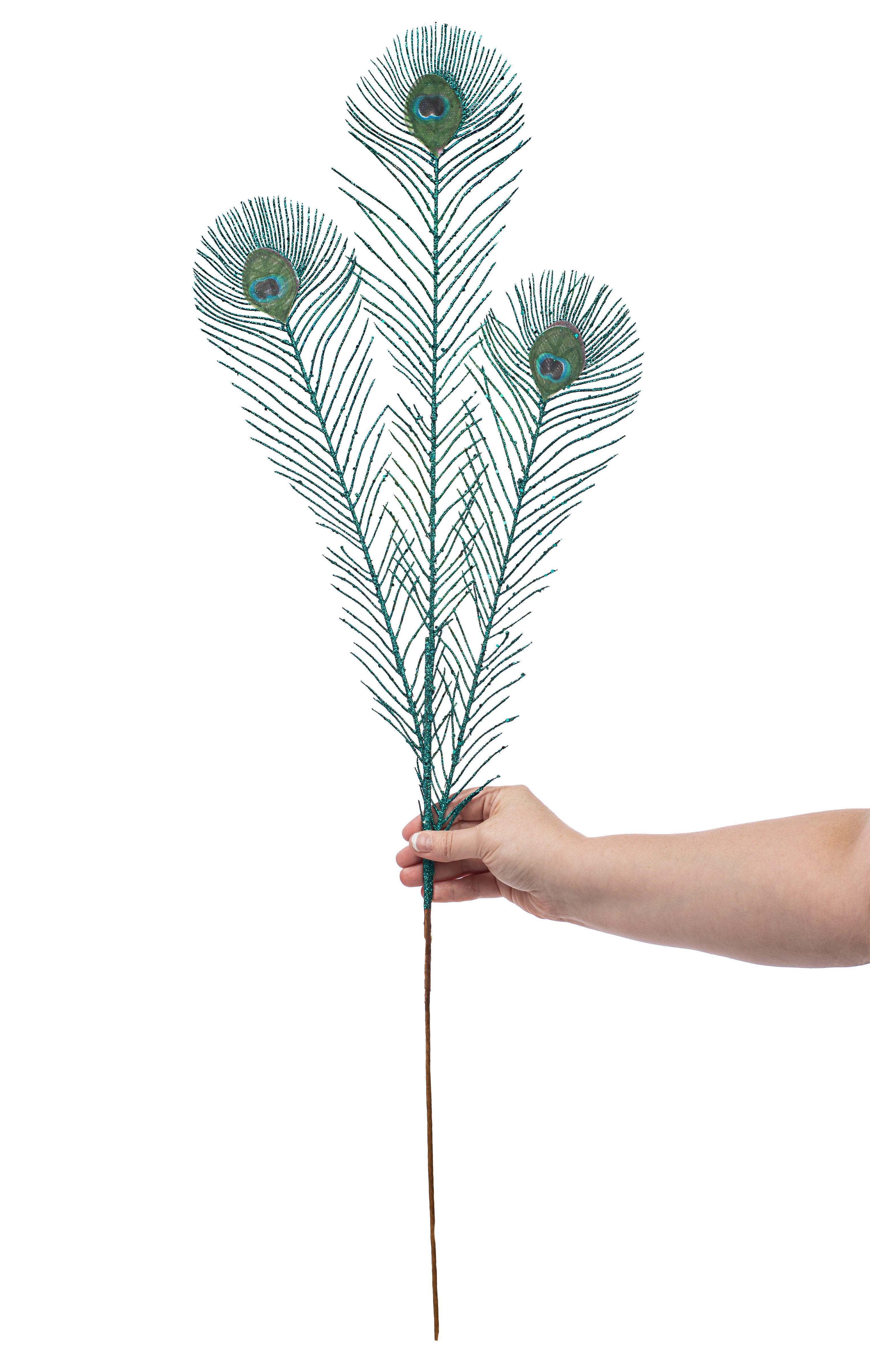 35" Teal Glittered Peacock Spray detail photo 3