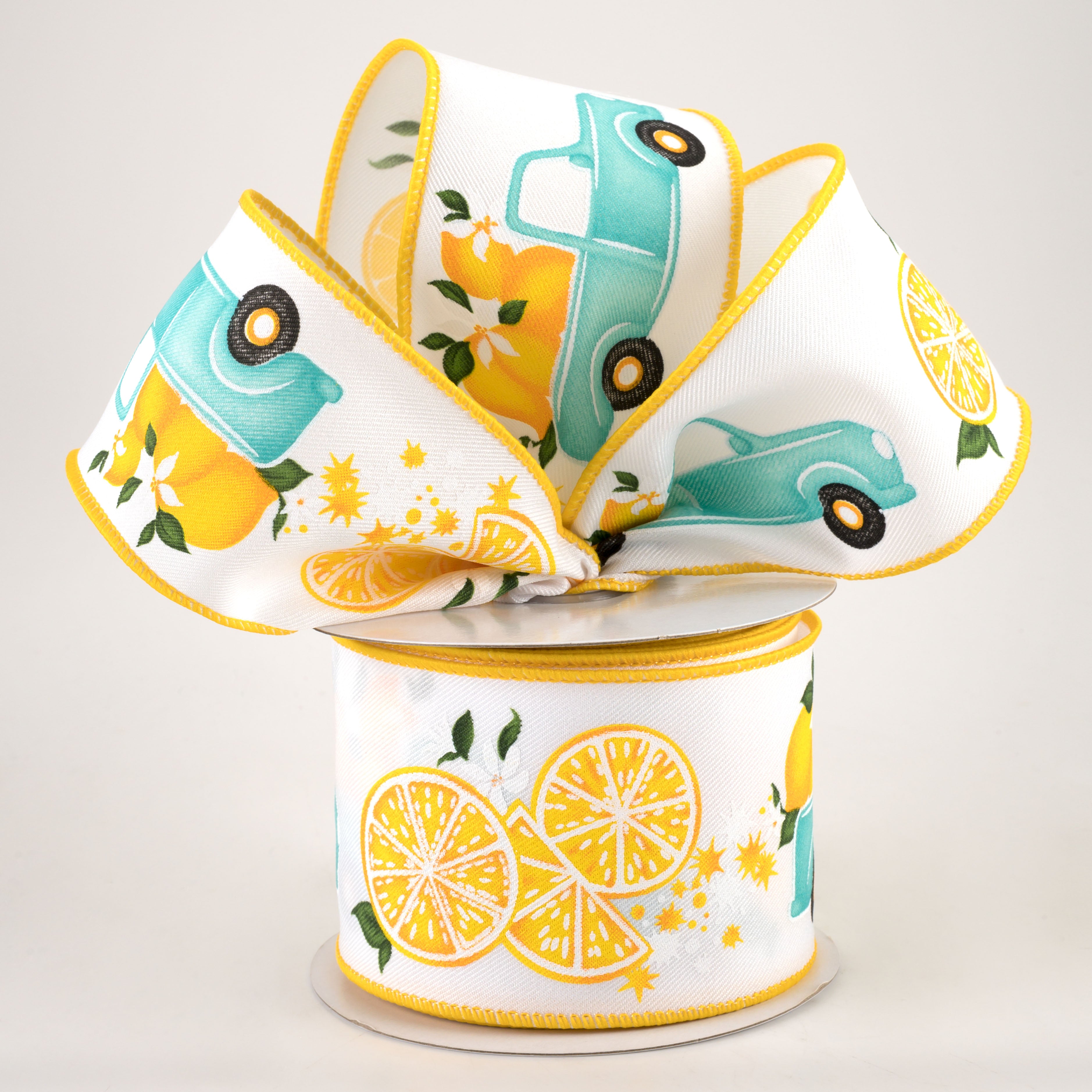 2.5" Teal Truck With Lemons Ribbon: White (10 Yards) Lifestyle Photo