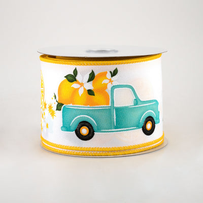 2.5" Teal Truck With Lemons Ribbon: White (10 Yards)