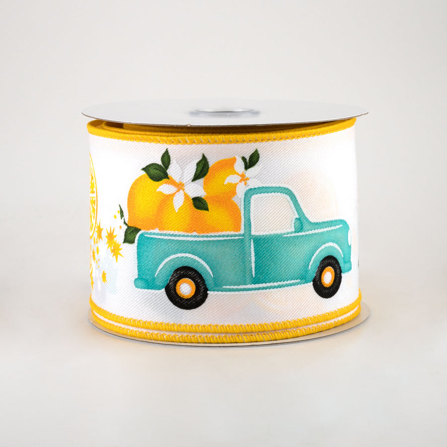 2.5" Teal Truck With Lemons Ribbon: White (10 Yards)