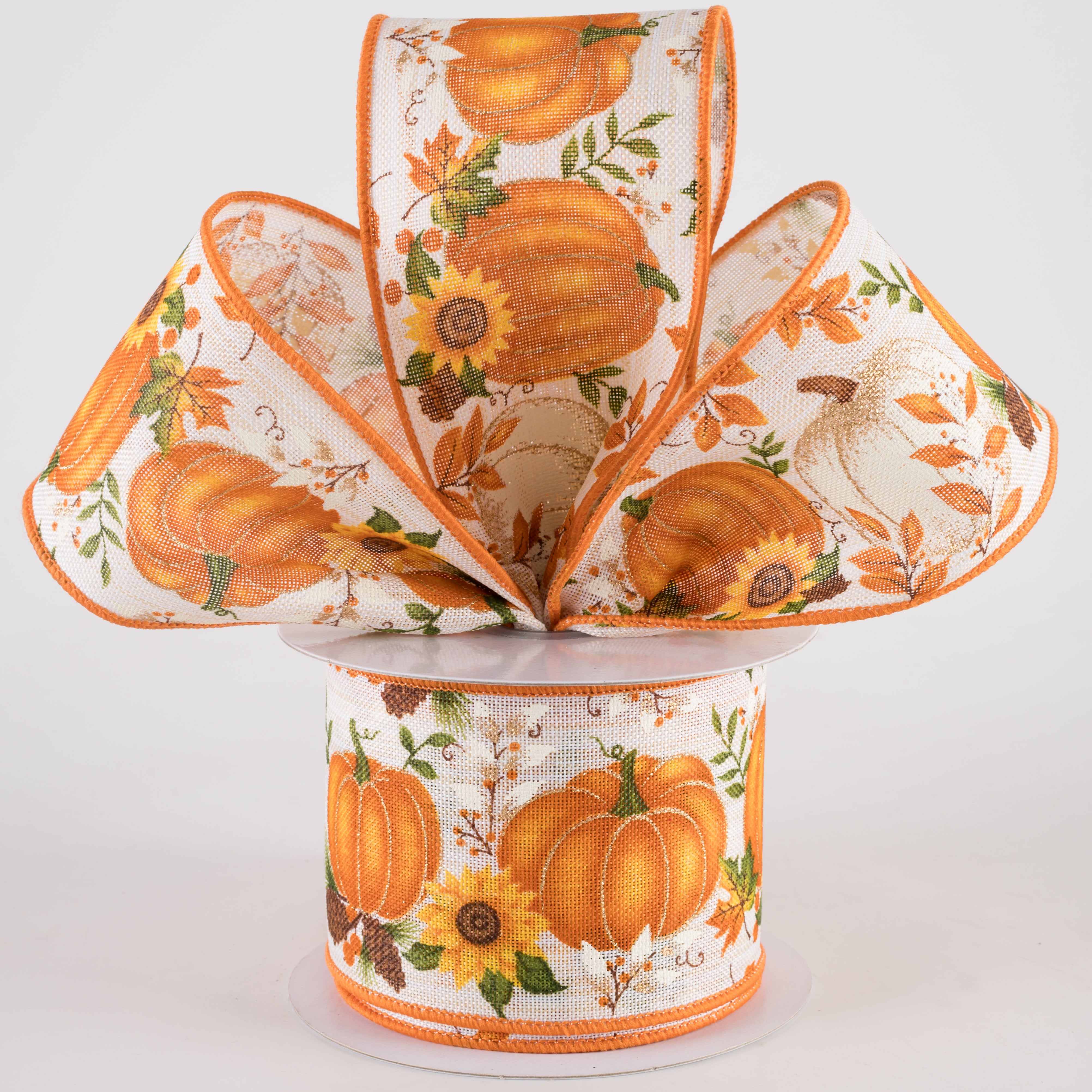 2.5" Textured Linen Big Patterned Pumpkins Ribbon (10 Yards) Lifestyle Photo