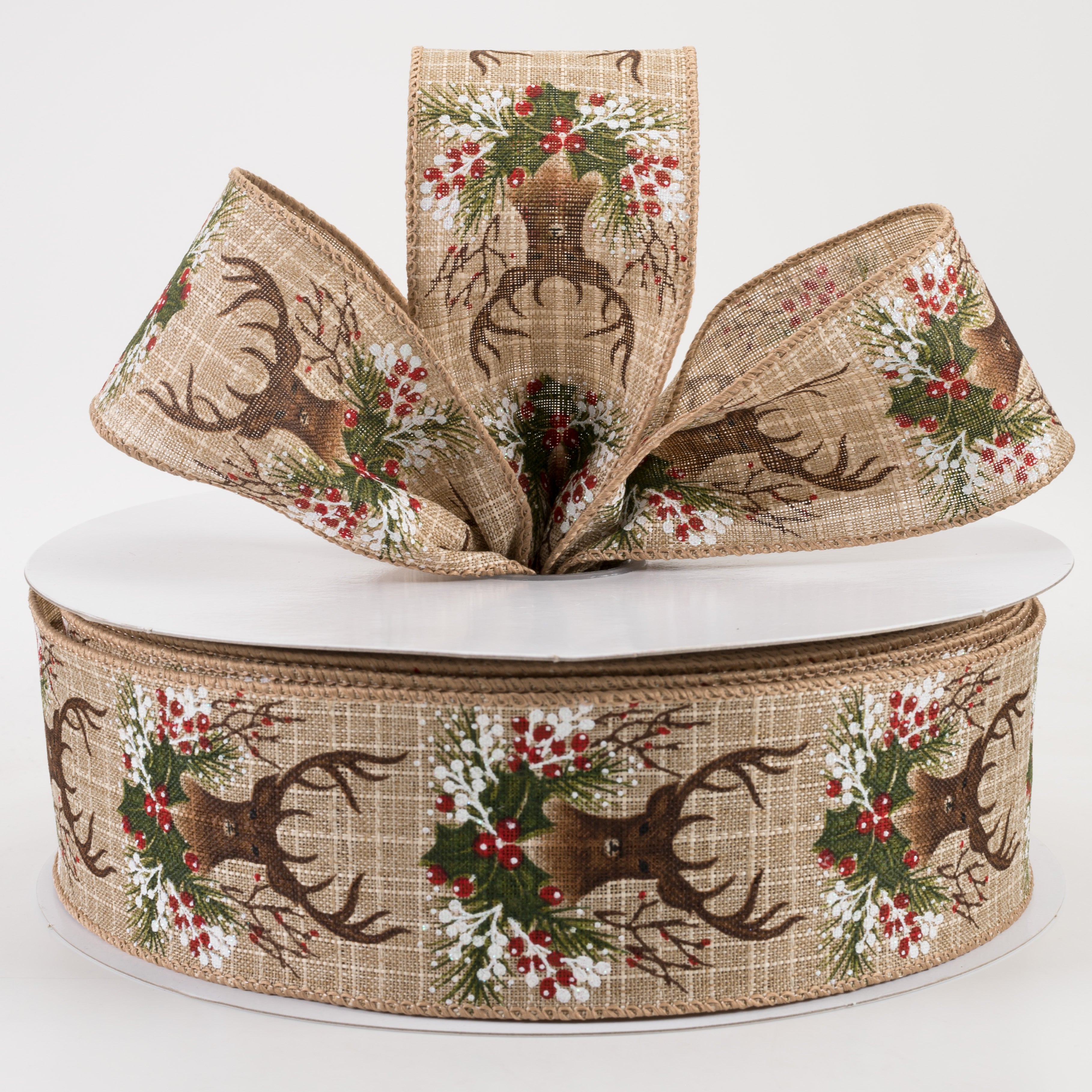 2.5" Textured Linen Deer Head Swag Ribbon: Natural (50 Yards) Lifestyle Photo