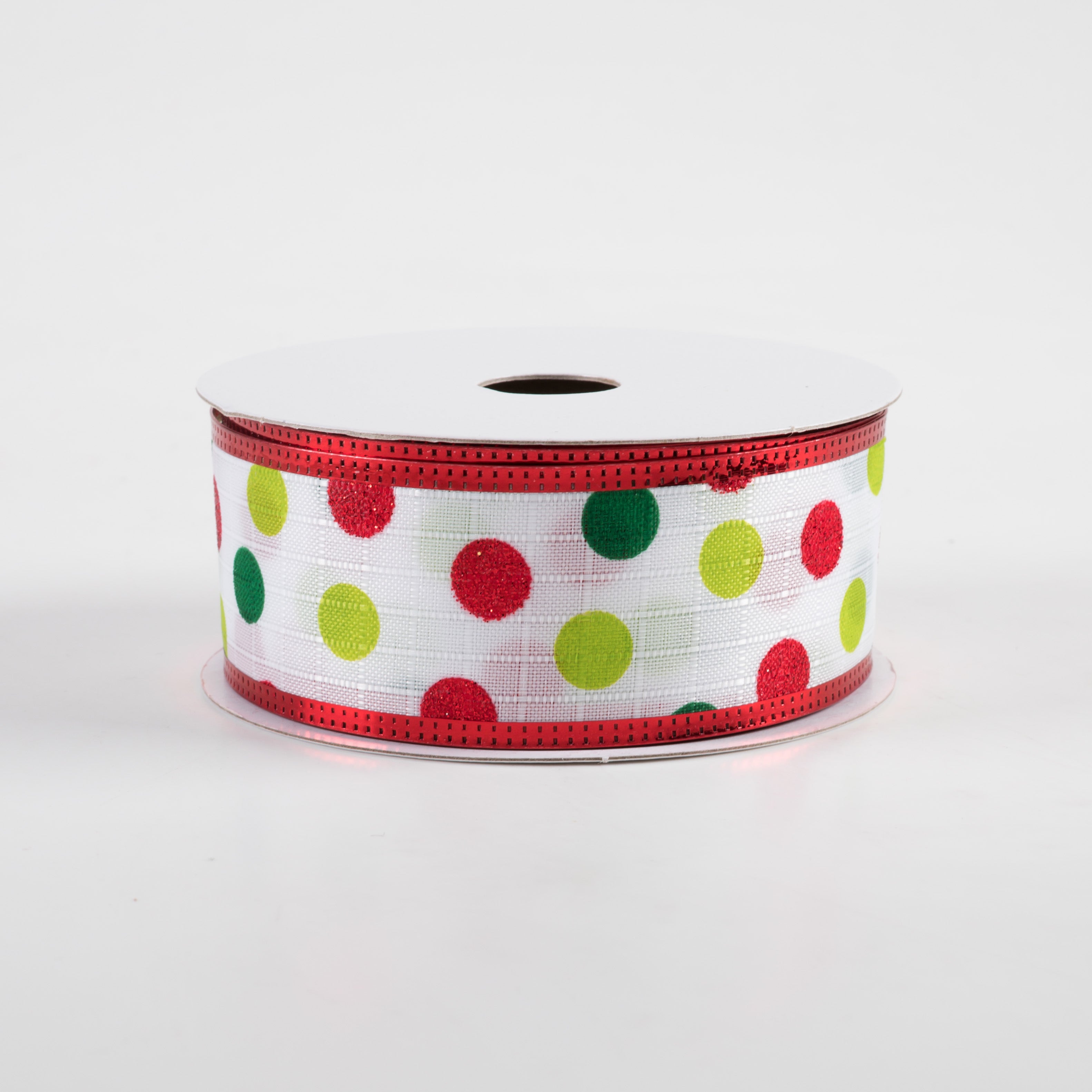1.5" Textured Linen Glitter Dots Metallic Edge Ribbon: Green & Red (10 Yards)