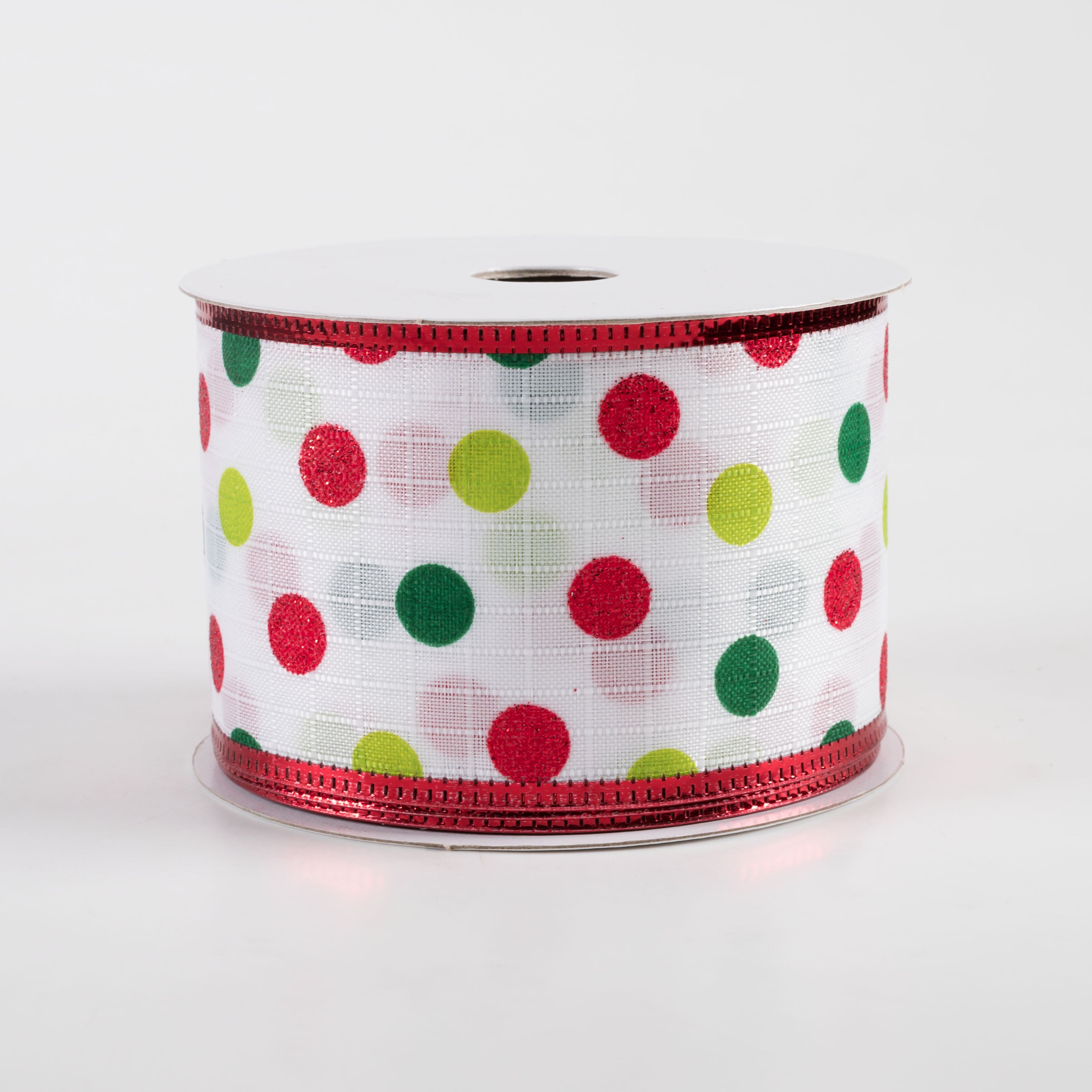 2.5" Textured Linen Glitter Dots Metallic Edge Ribbon: Lime, Green, Red (10 Yards)