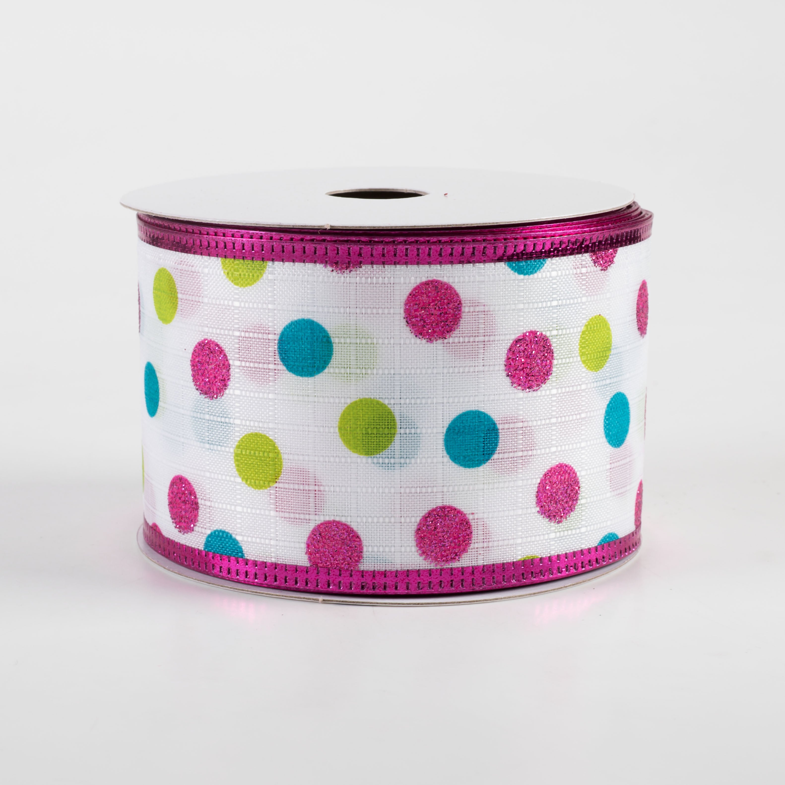 2.5" Textured Linen Glitter Dots Metallic Edge Ribbon: Lime, Teal, Fuchsia (10 Yards)