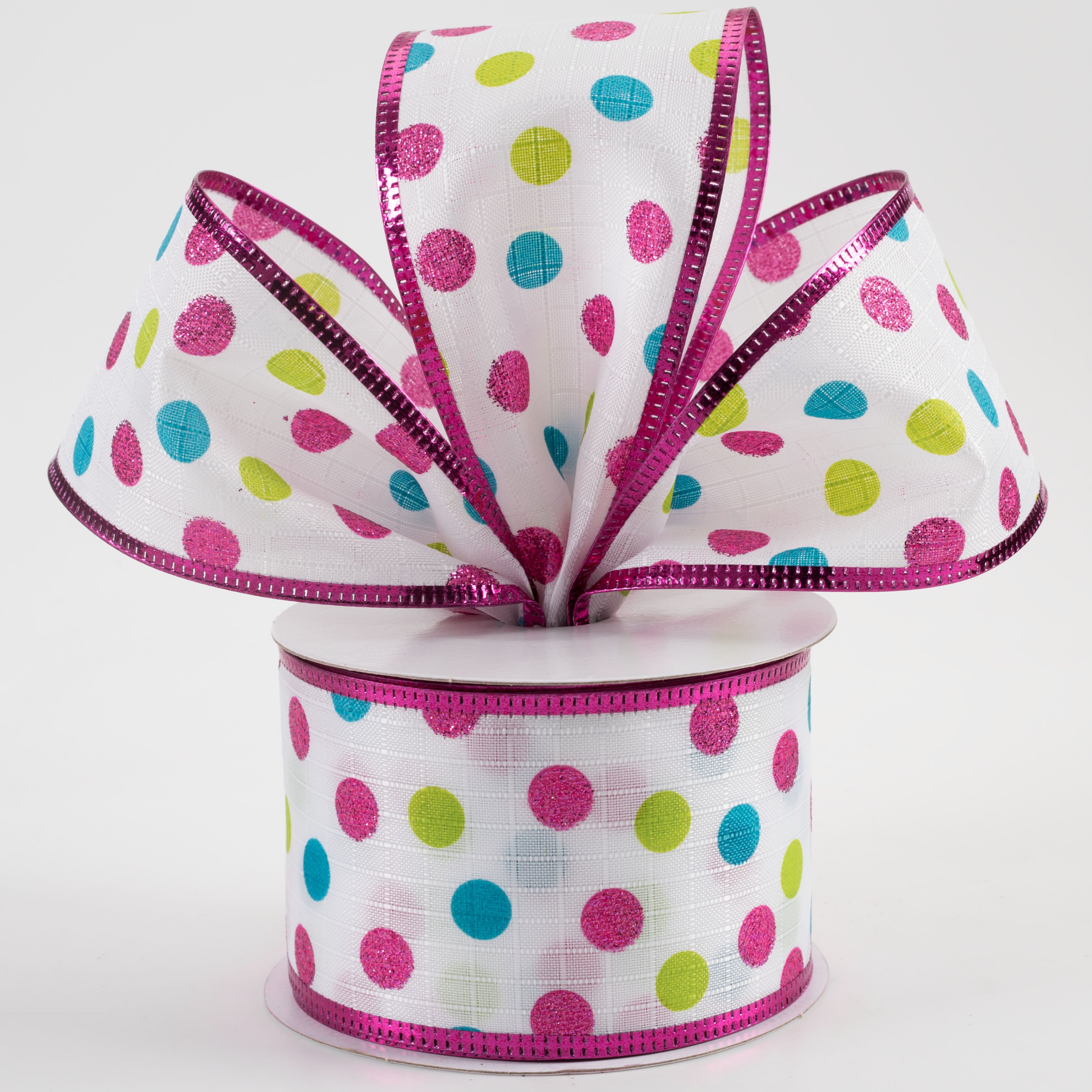 2.5" Textured Linen Glitter Dots Metallic Edge Ribbon: Lime, Teal, Fuchsia (10 Yards) Lifestyle Photo