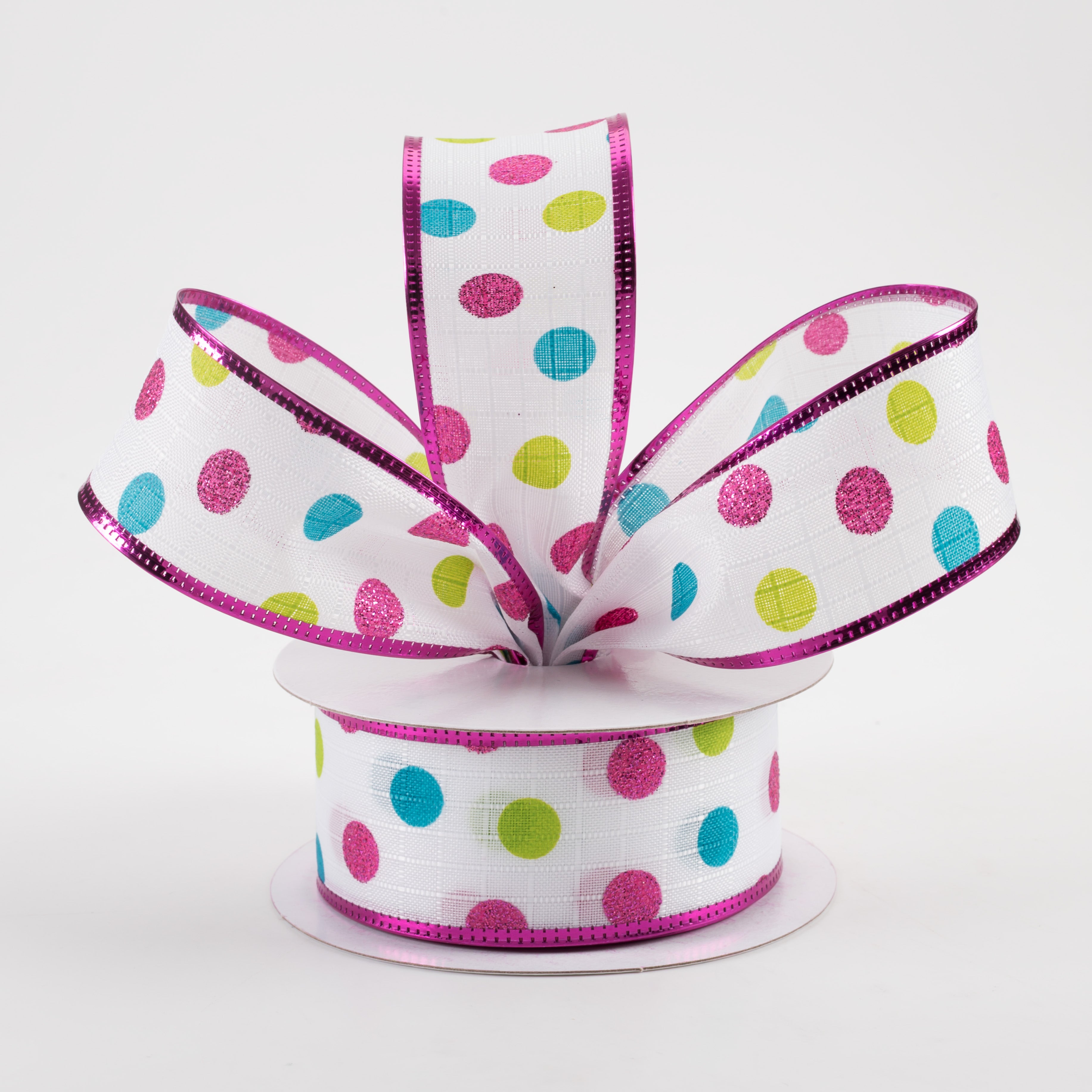 1.5" Textured Linen Glitter Dots Metallic Edge Ribbon: Lime, Teal, Fuchsia (10 Yards) Lifestyle Photo