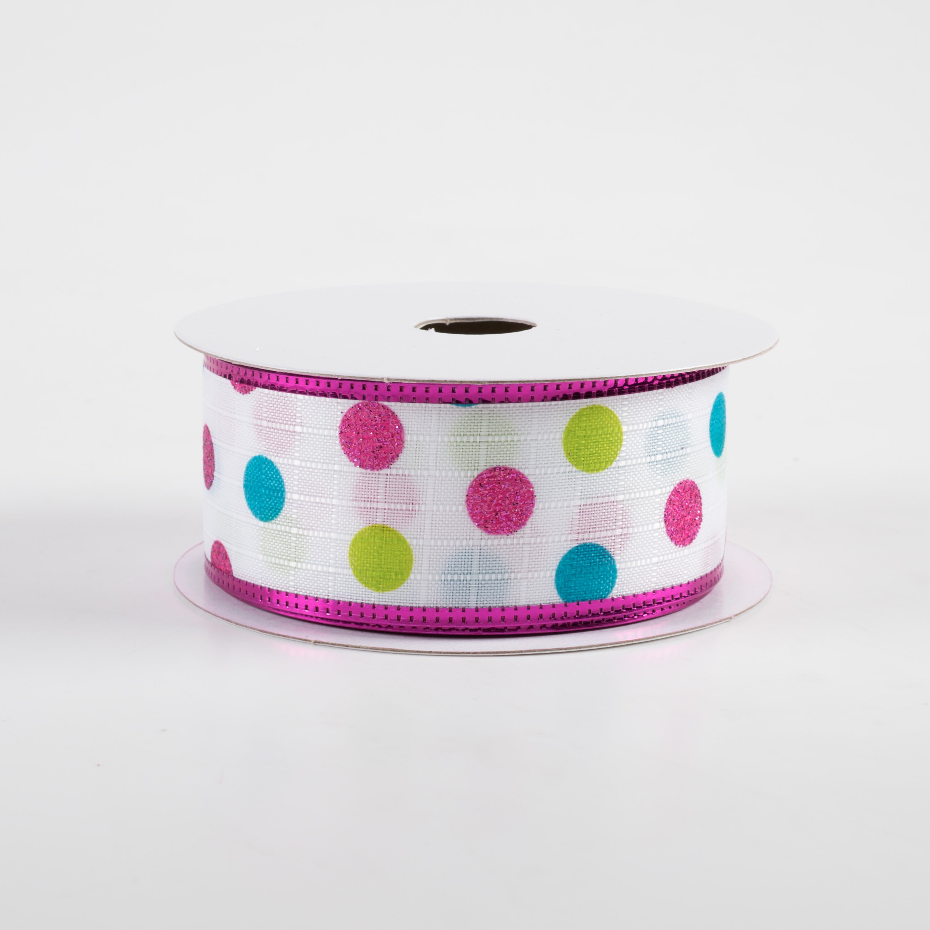 1.5" Textured Linen Glitter Dots Metallic Edge Ribbon: Lime, Teal, Fuchsia (10 Yards)