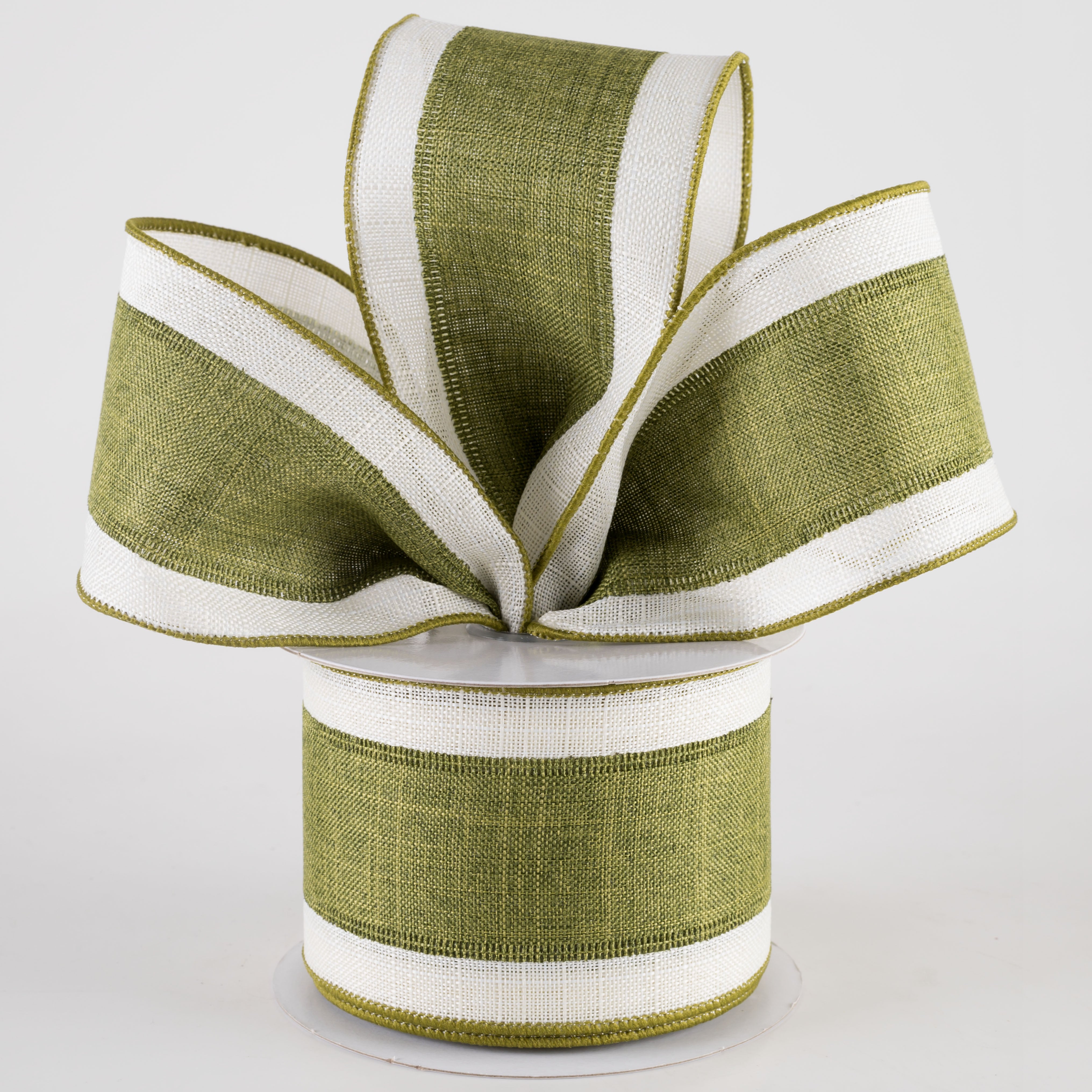 2.5" Textured Linen Overlay Stripe Ribbon: Moss on Ivory (10 Yards) Lifestyle Photo