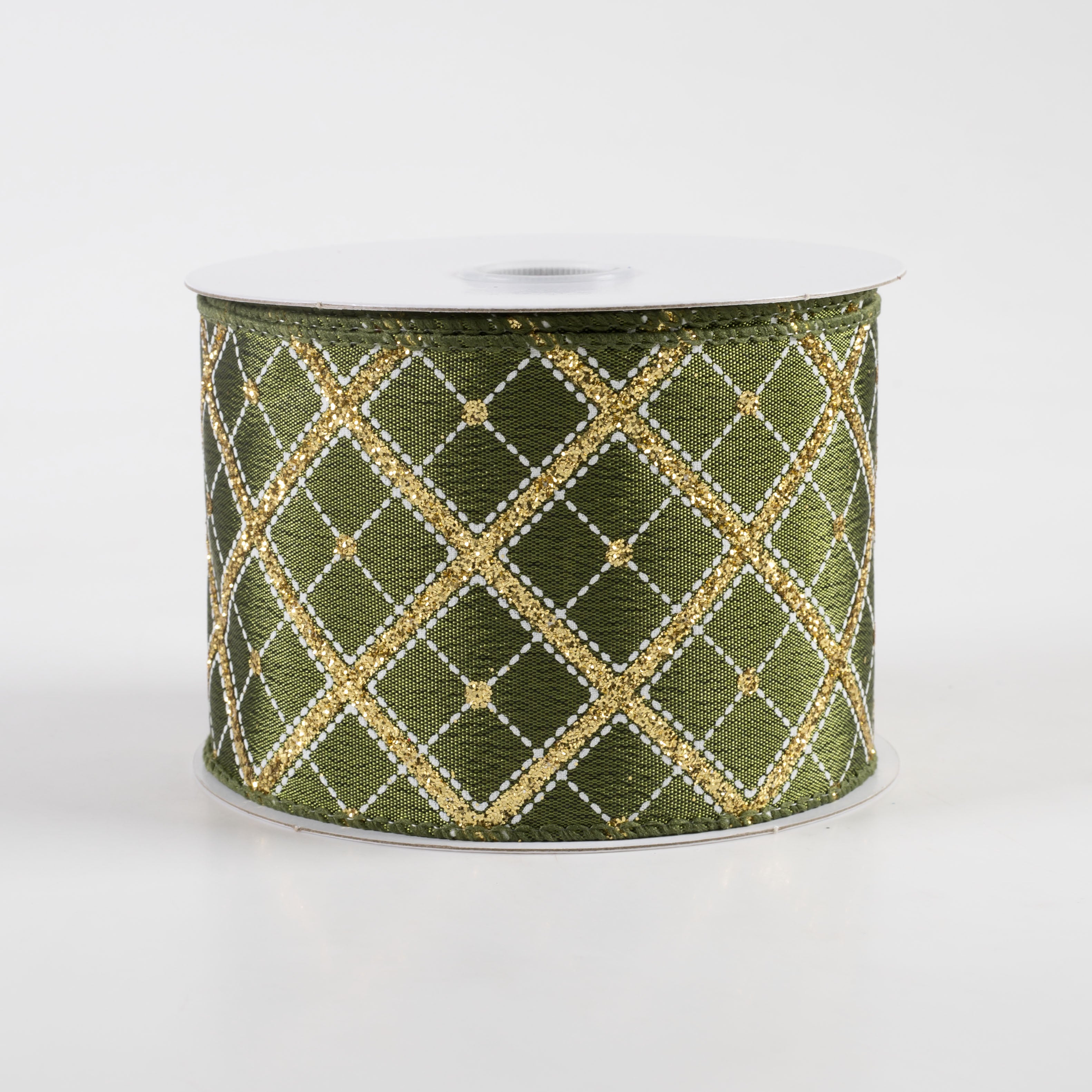 2.5" Textured Satin Glitter Diagonal Cross Plaid Ribbon: Moss (10 Yards)