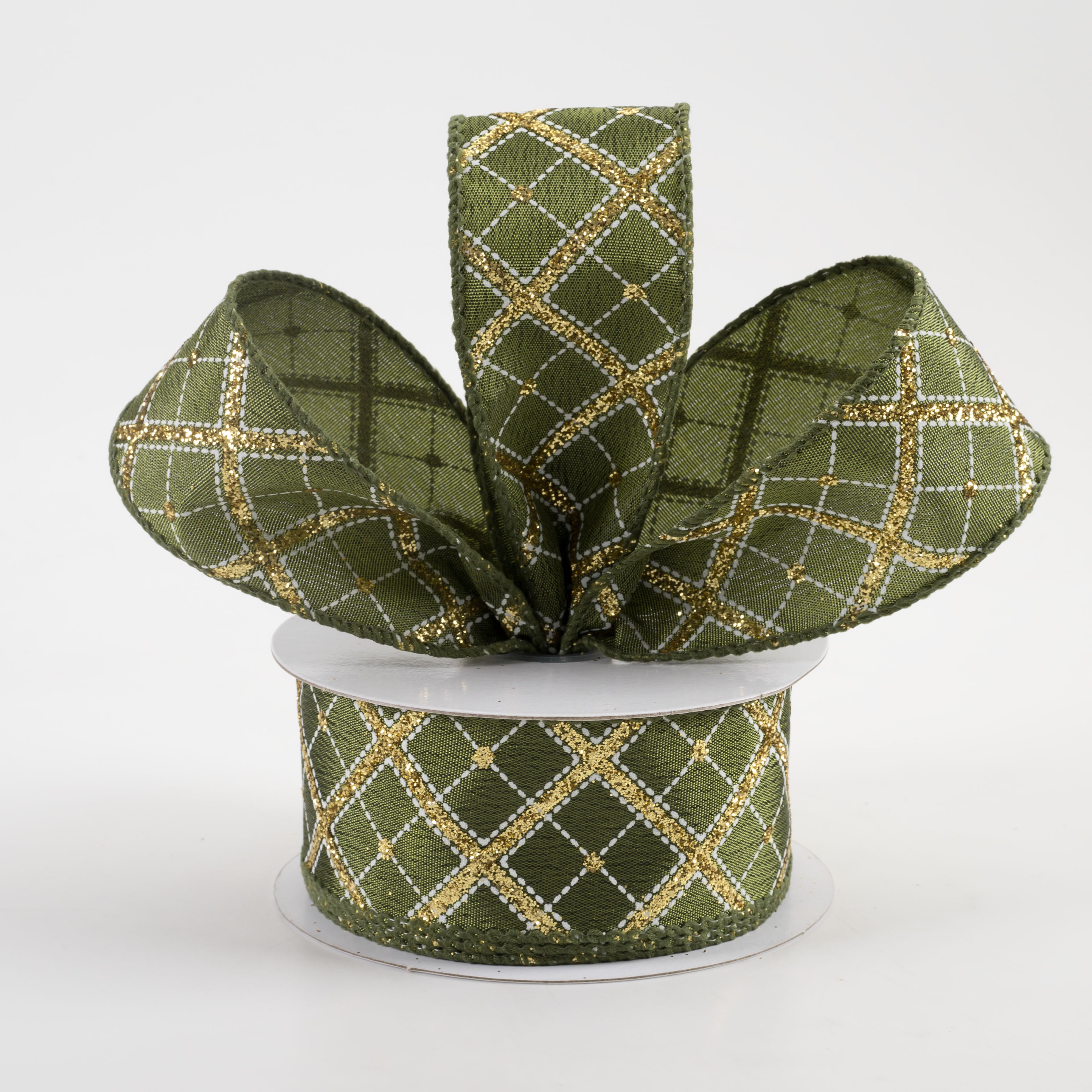 1.5" Textured Satin Glitter Diagonal Cross Plaid Ribbon: Moss (10 Yards) Lifestyle Photo