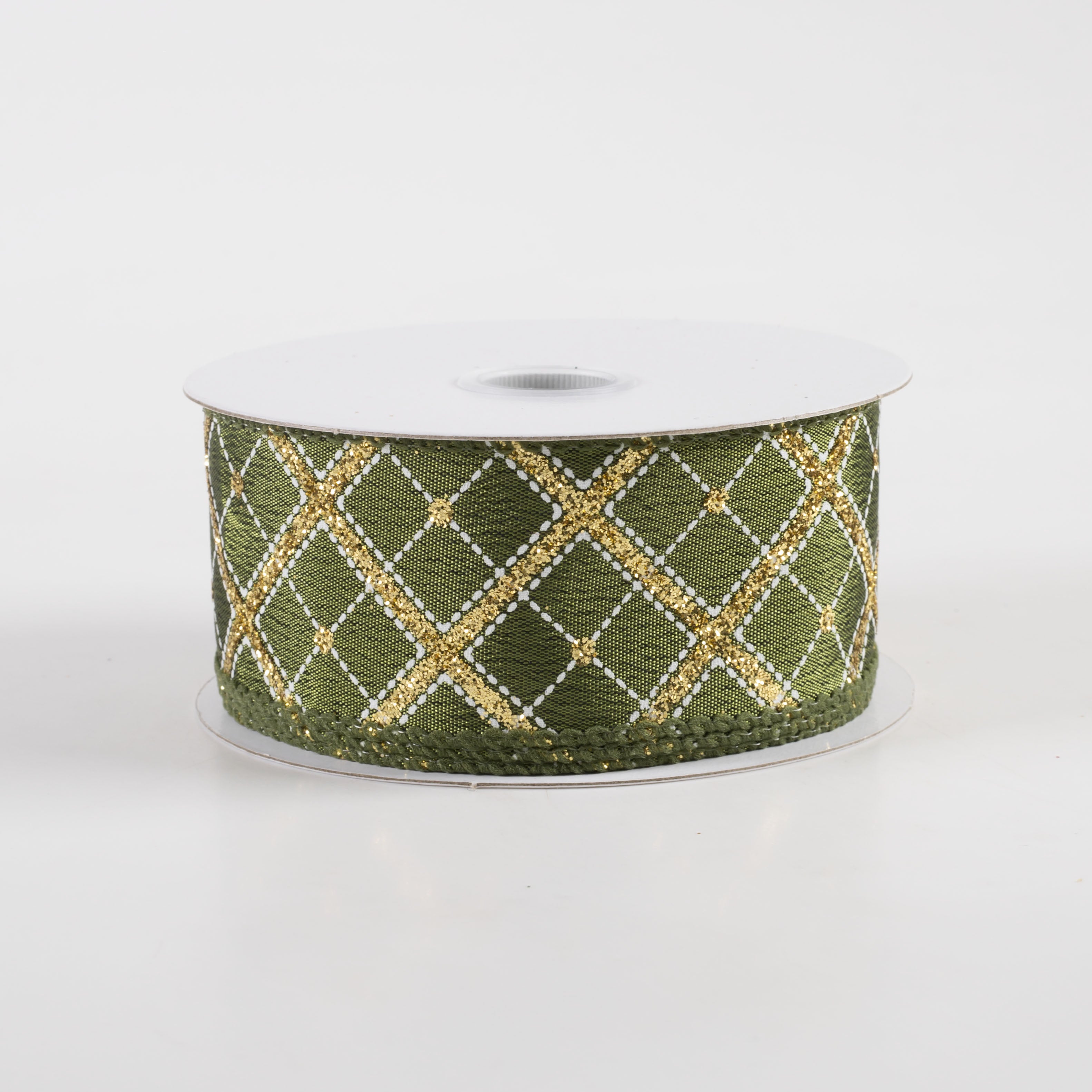 1.5" Textured Satin Glitter Diagonal Cross Plaid Ribbon: Moss (10 Yards)