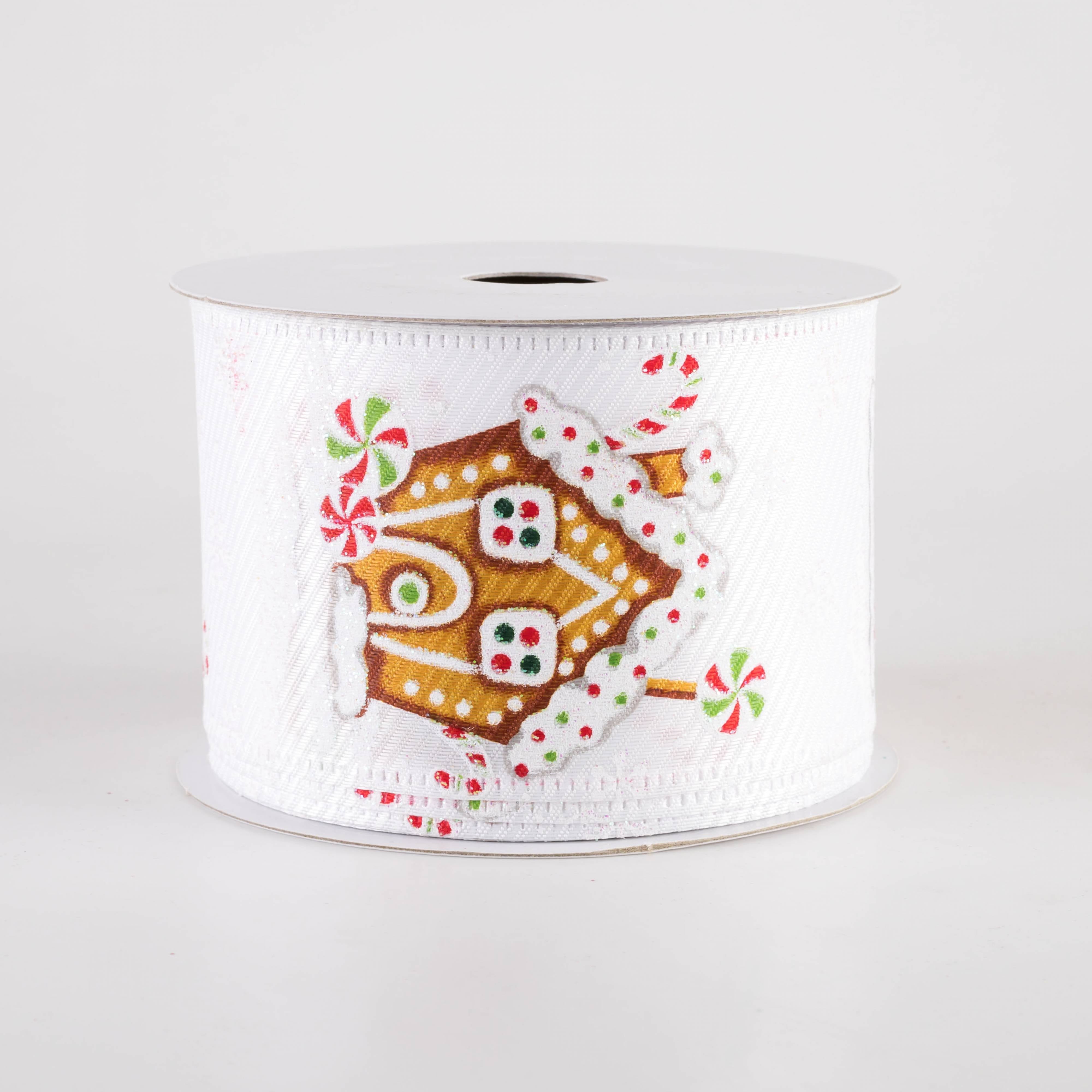 2.5" Textured Satin Snowy Gingerbread House Ribbon: White (10 Yards) Item Number: 76427-40-29