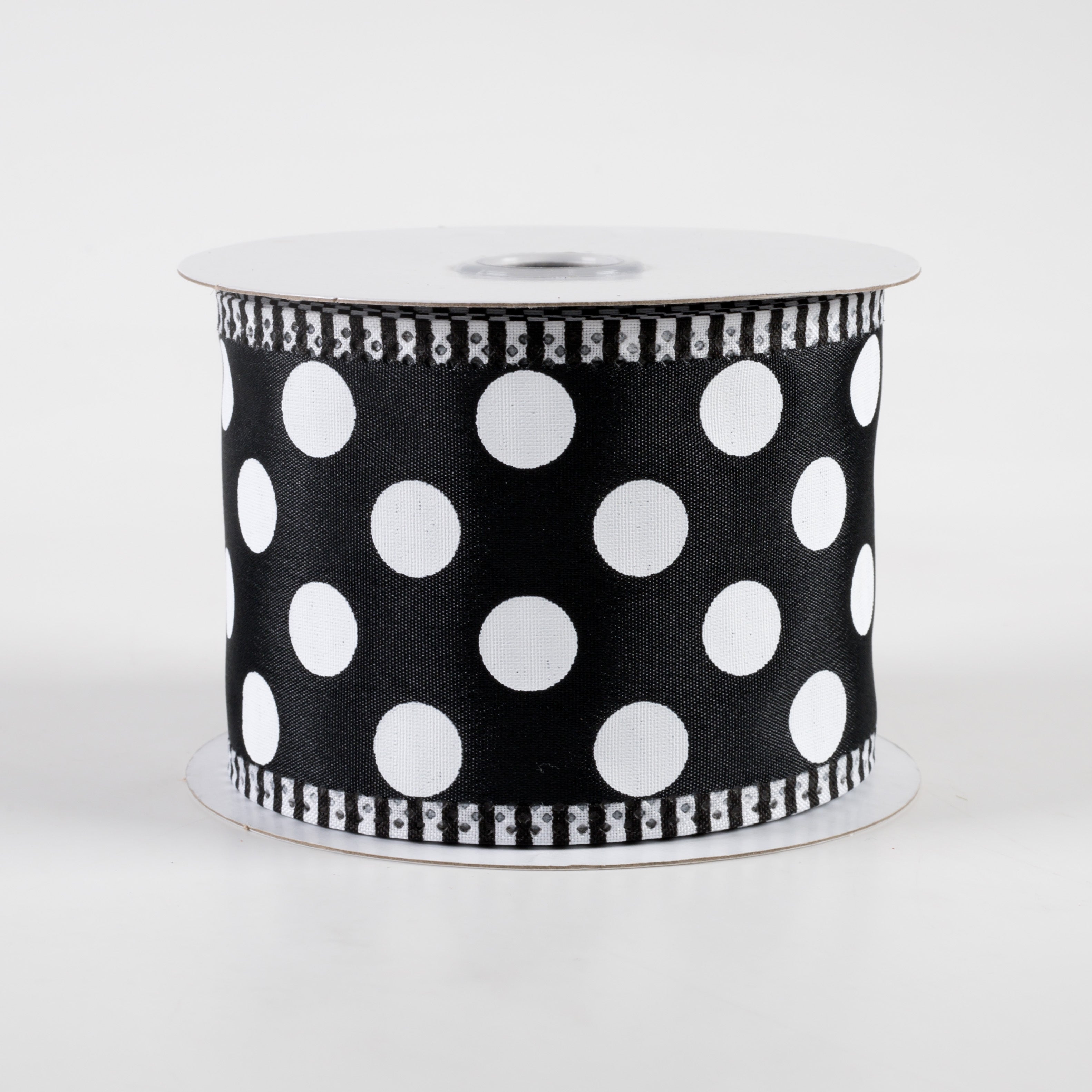 2.5" Thin Stripe Edge Polka Dot Ribbon: Black & White (10 Yards)