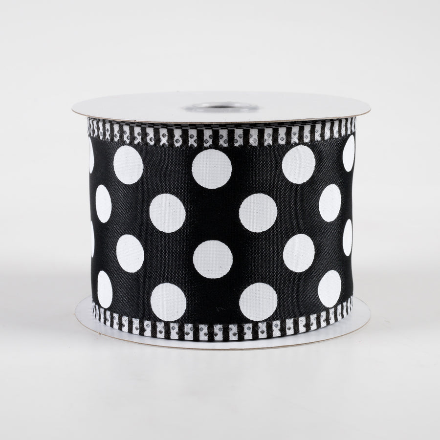 2.5" Thin Stripe Edge Polka Dot Ribbon: Black & White (10 Yards)