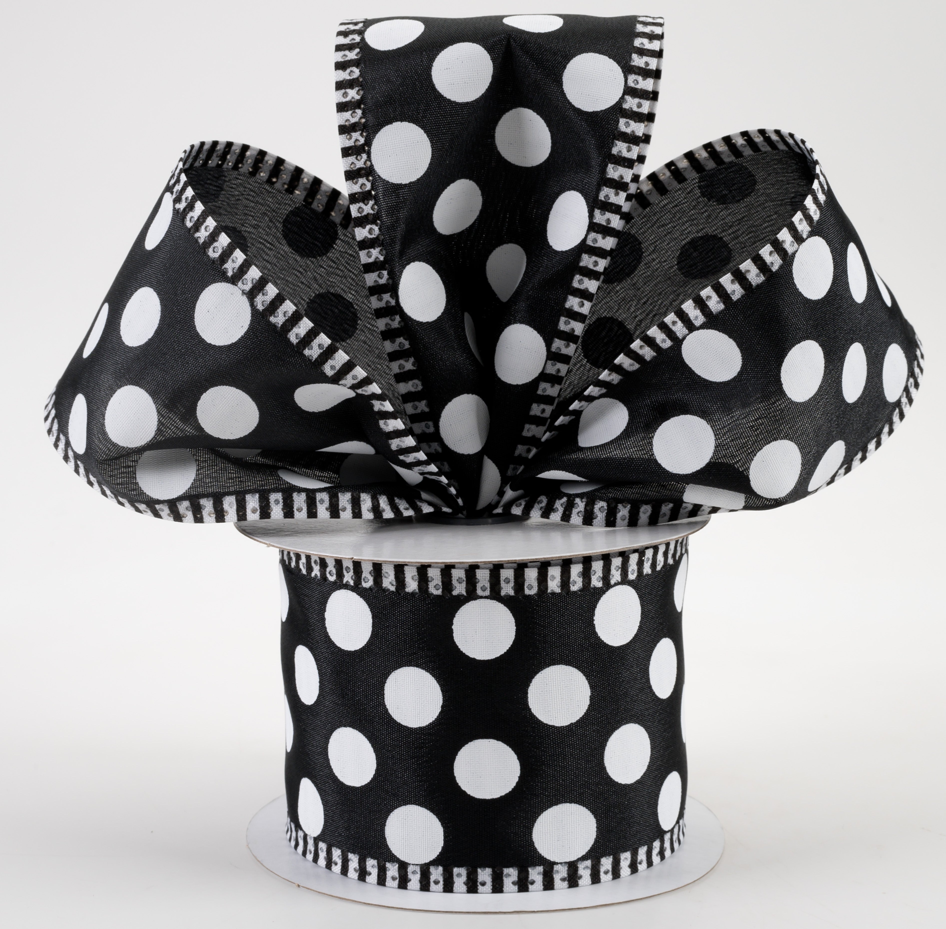 2.5" Thin Stripe Edge Polka Dot Ribbon: Black & White (10 Yards) Lifestyle Photo