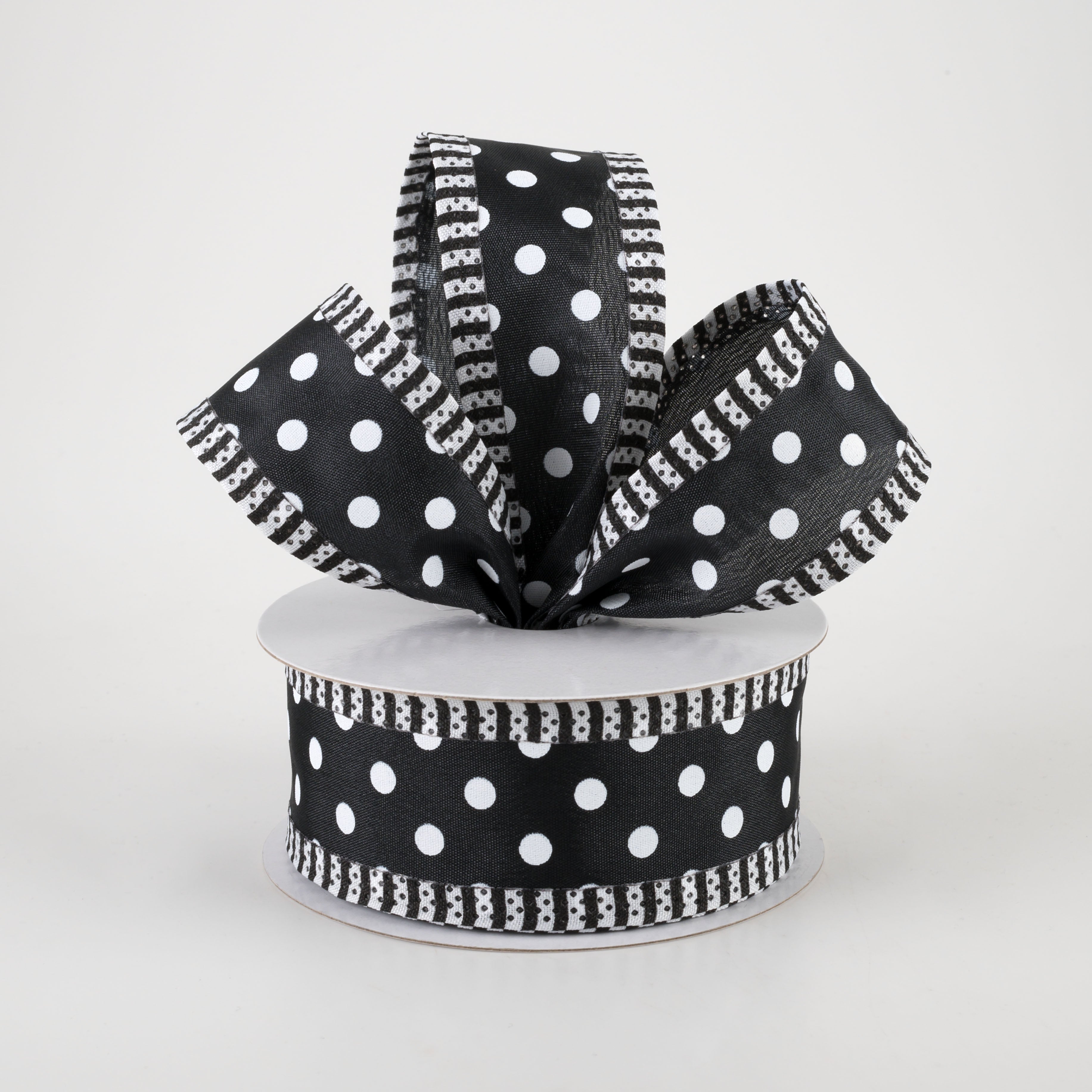1.5" Thin Stripe Edge Polka Dot Ribbon: Black & White (10 Yards) Lifestyle Photo