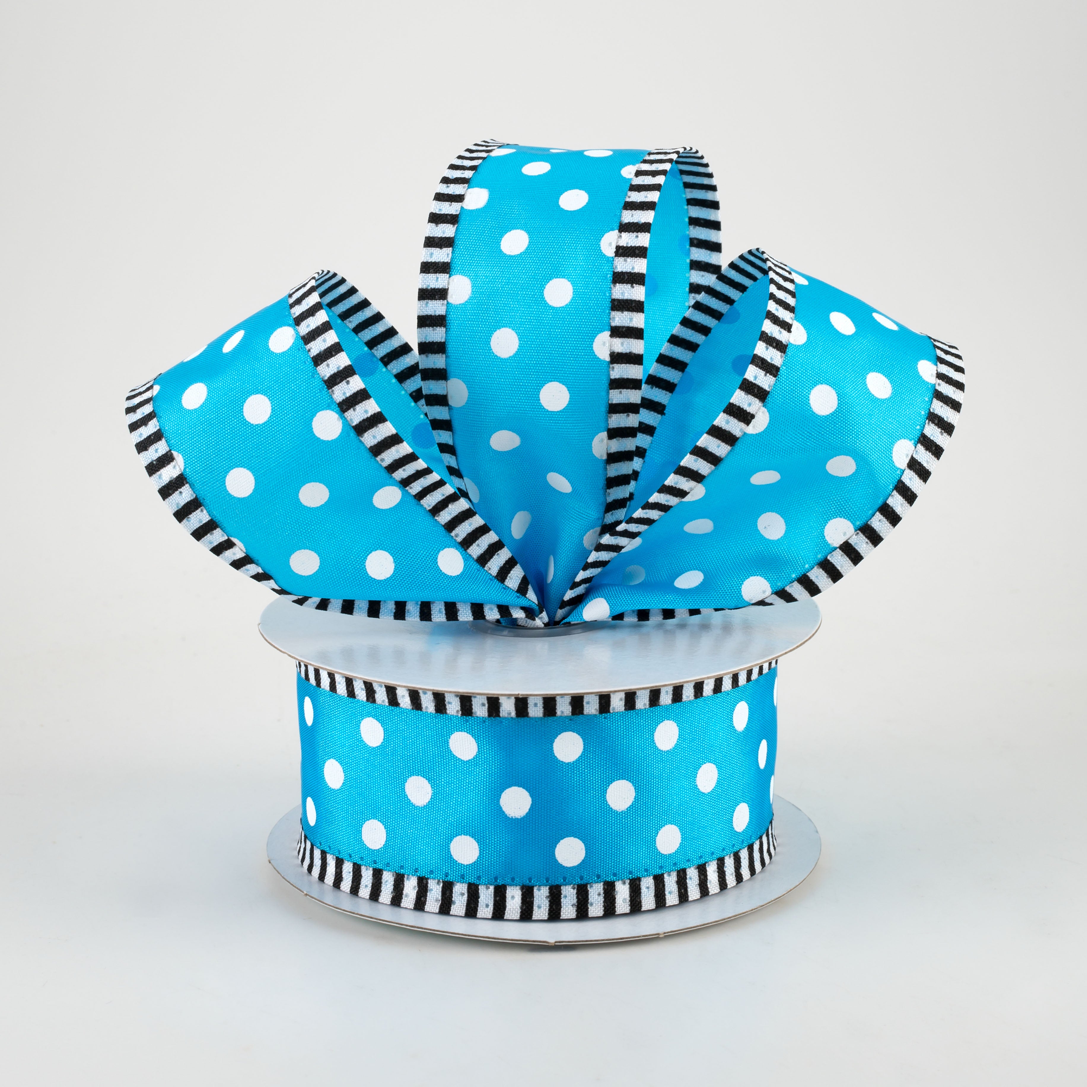 1.5" Thin Stripe Edge Polka Dot Ribbon: Blue & White (10 Yards) Lifestyle Photo