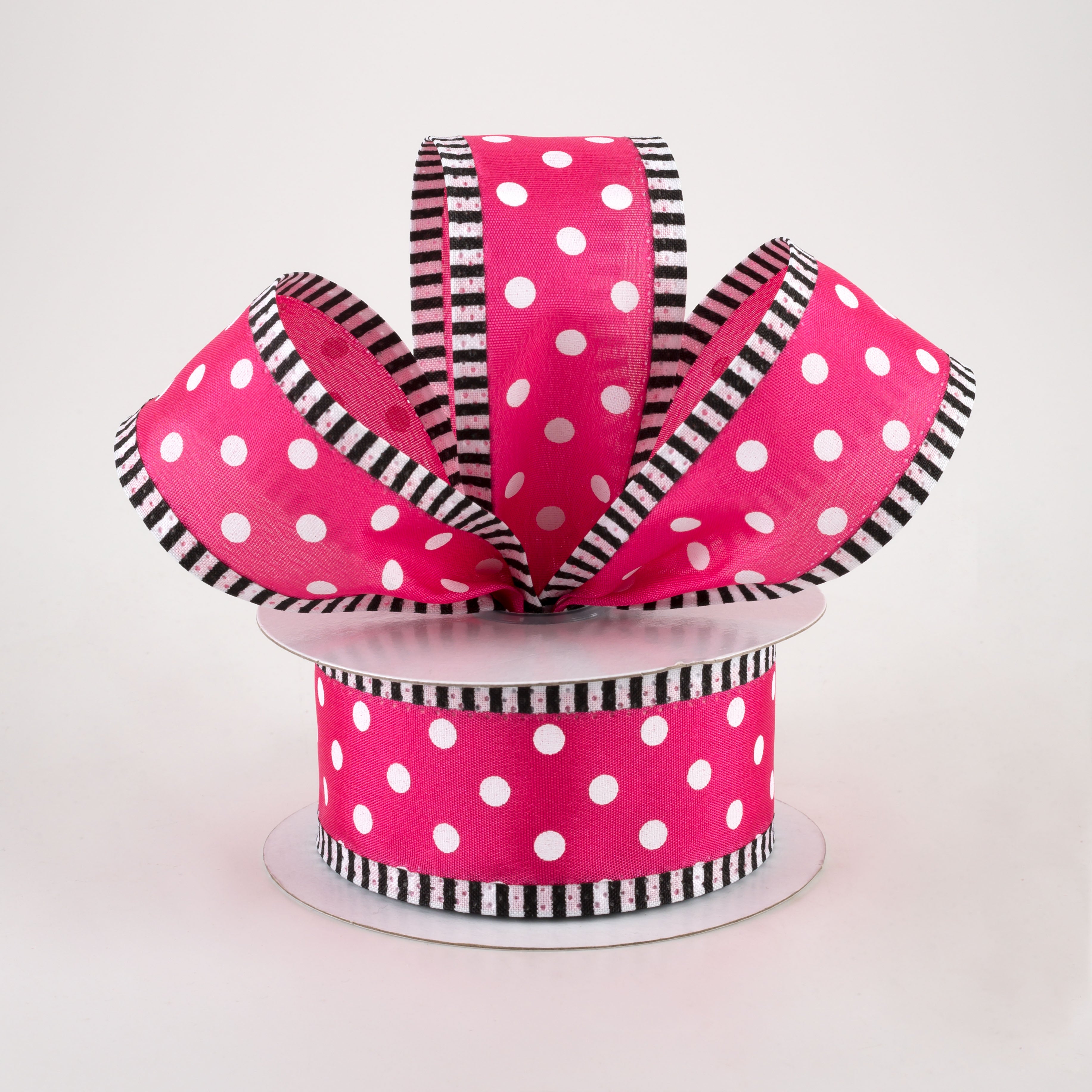 1.5" Thin Stripe Edge Polka Dot Ribbon: Hot Pink & White (10 Yards) Lifestyle Photo