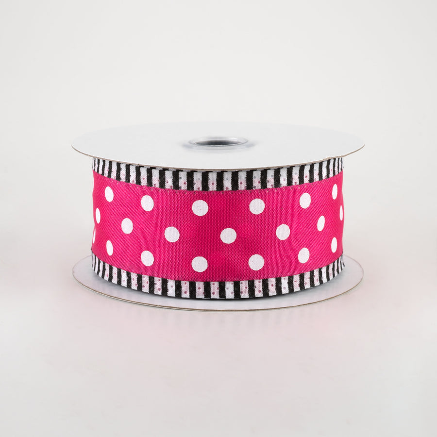 1.5" Thin Stripe Edge Polka Dot Ribbon: Hot Pink & White (10 Yards)