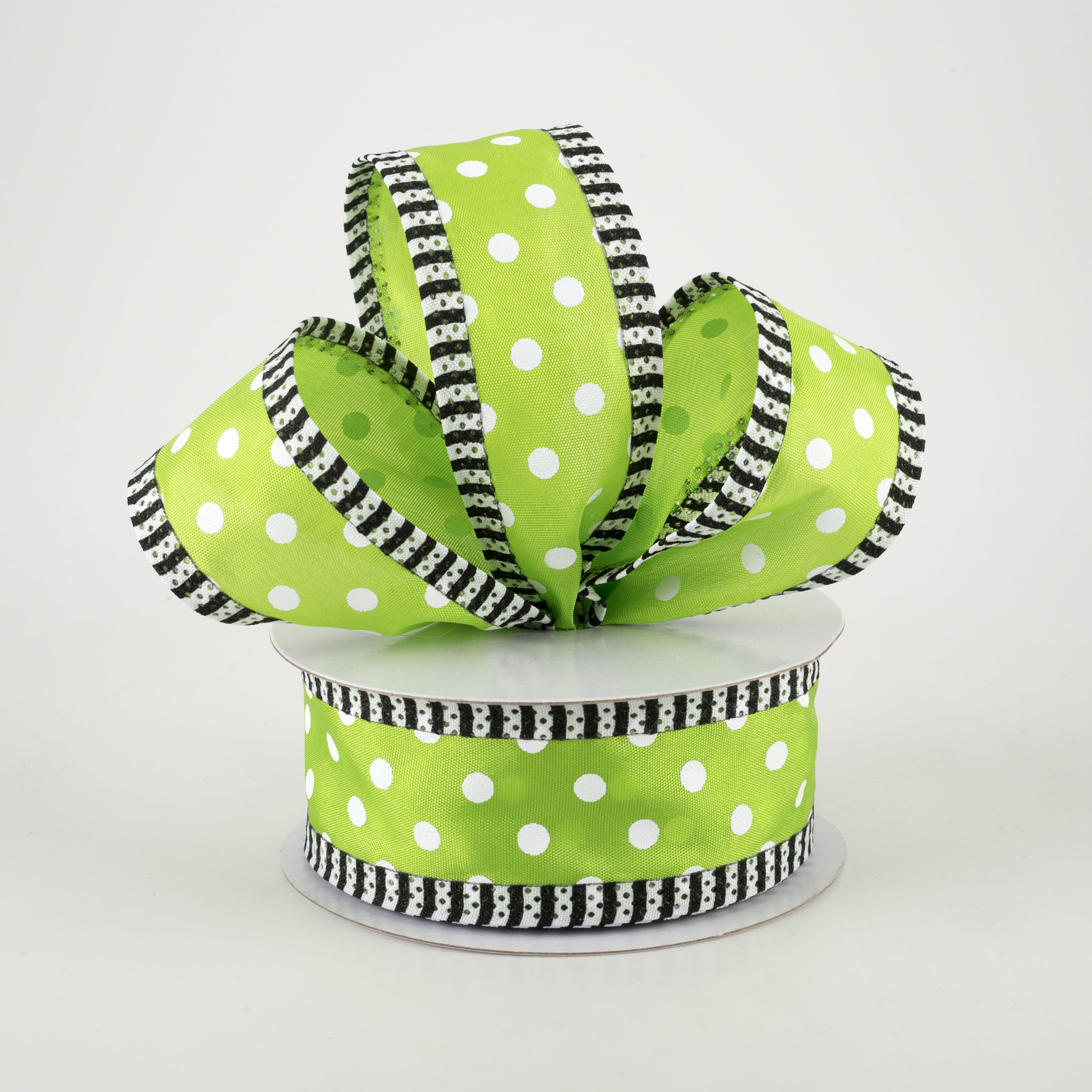 1.5" Thin Stripe Edge Polka Dot Ribbon: Lime Green & White (10 Yards) Lifestyle Photo