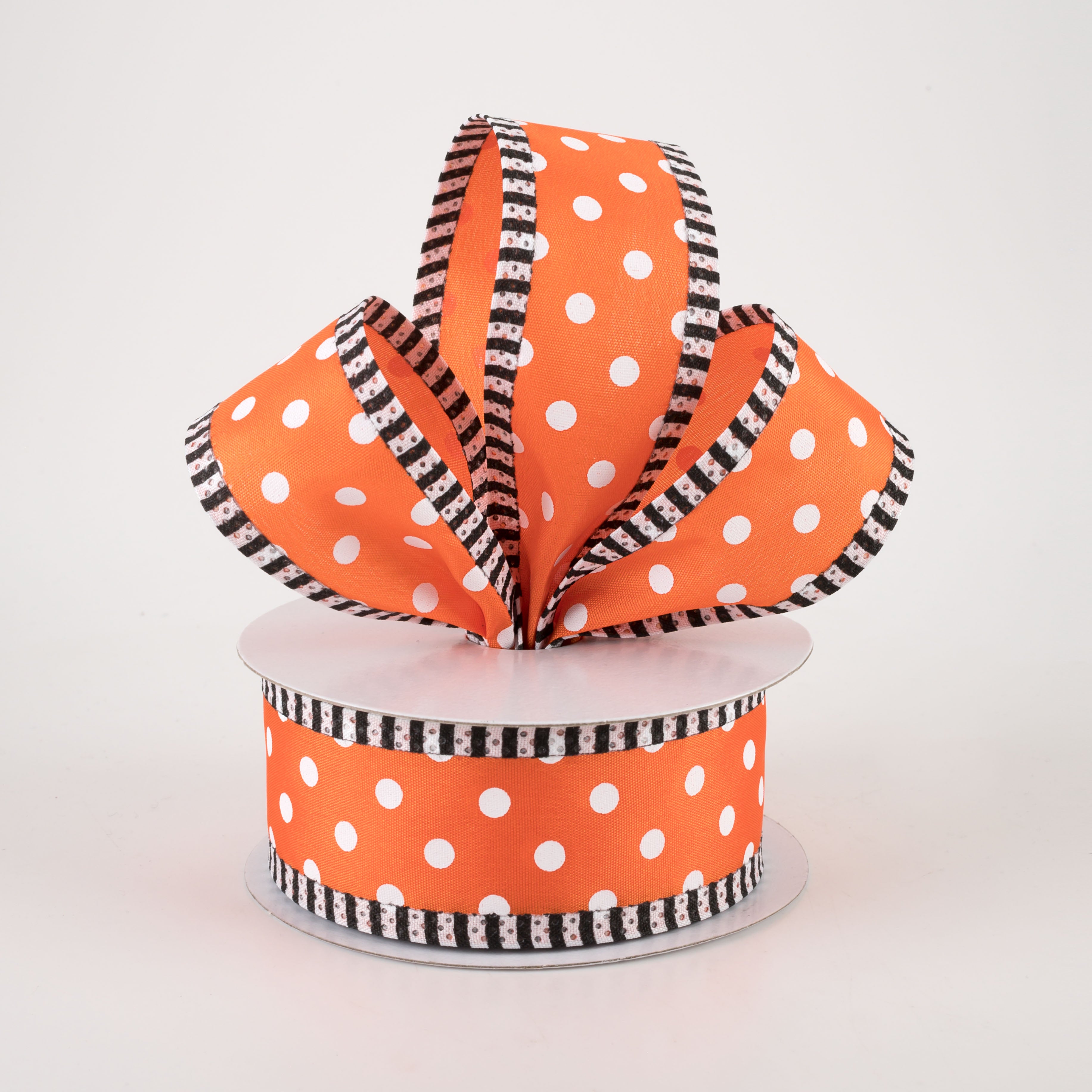 1.5" Thin Stripe Edge Polka Dot Ribbon: Orange & White (10 Yards) Lifestyle Photo