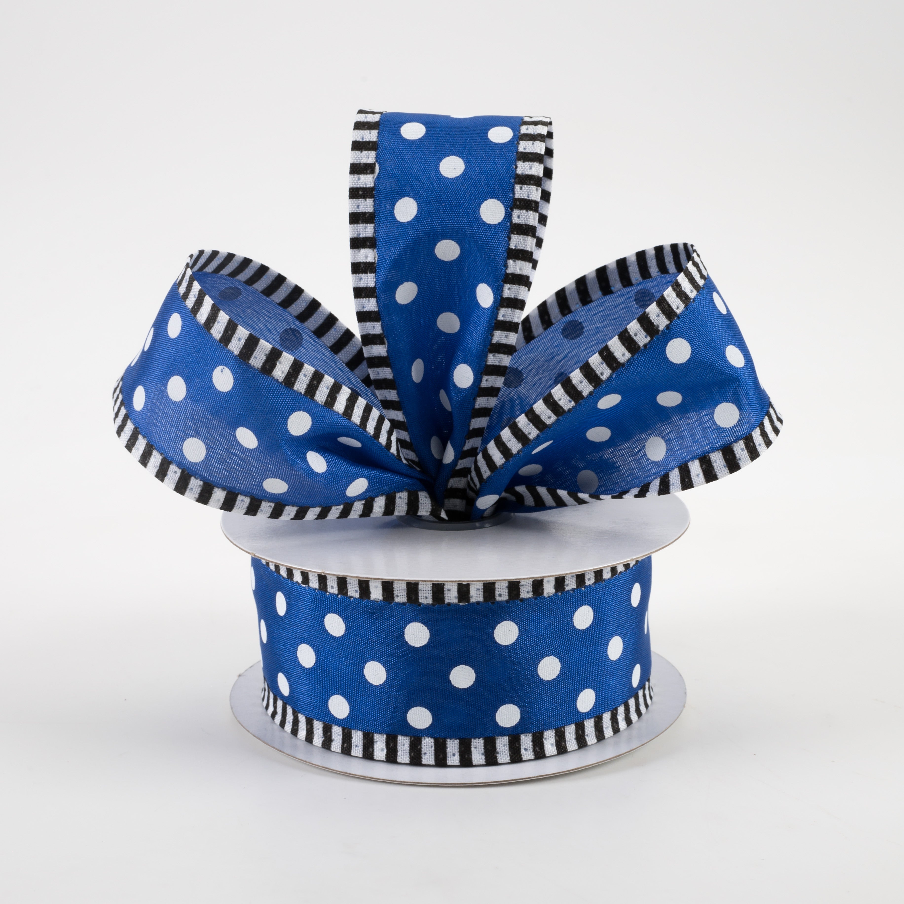 1.5" Thin Stripe Edge Polka Dot Ribbon: Royal Blue & White (10 Yards) Lifestyle Photo