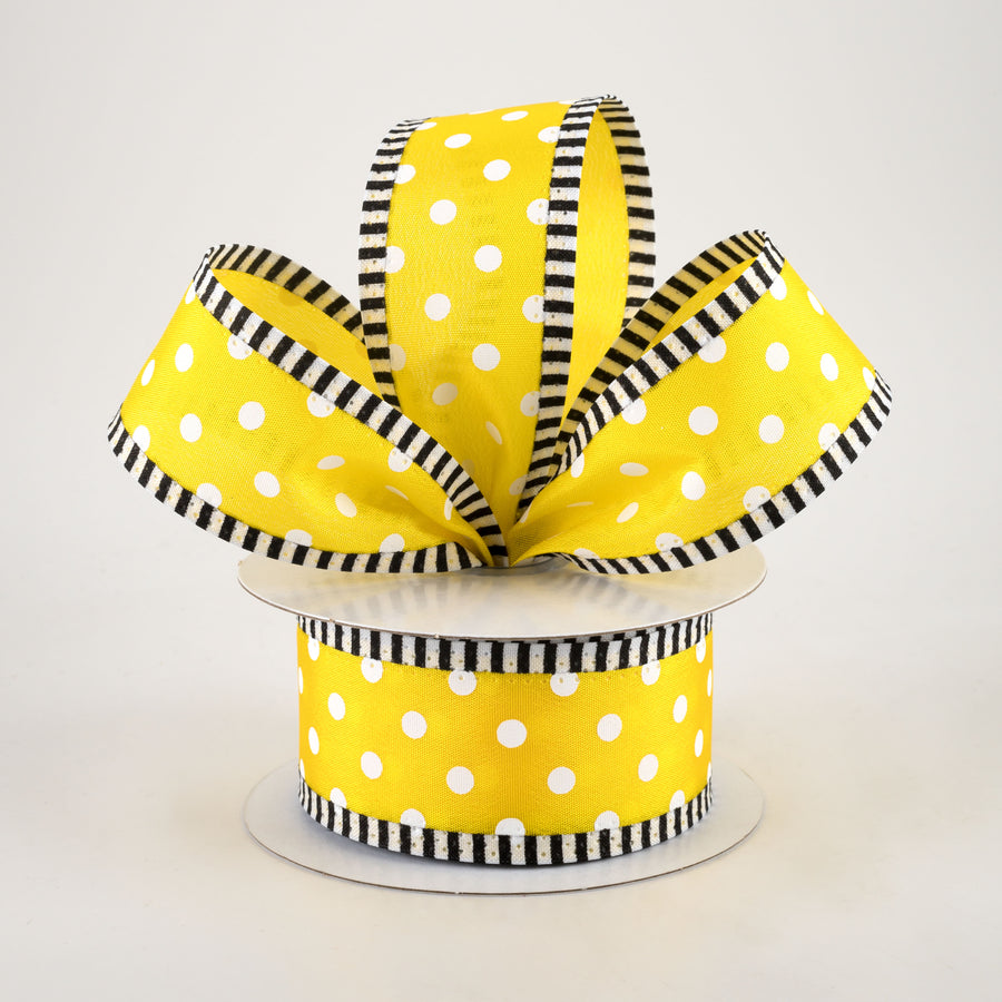 1.5" Thin Stripe Edge Polka Dot Ribbon: Yellow & White (10 Yards) Lifestyle Photo