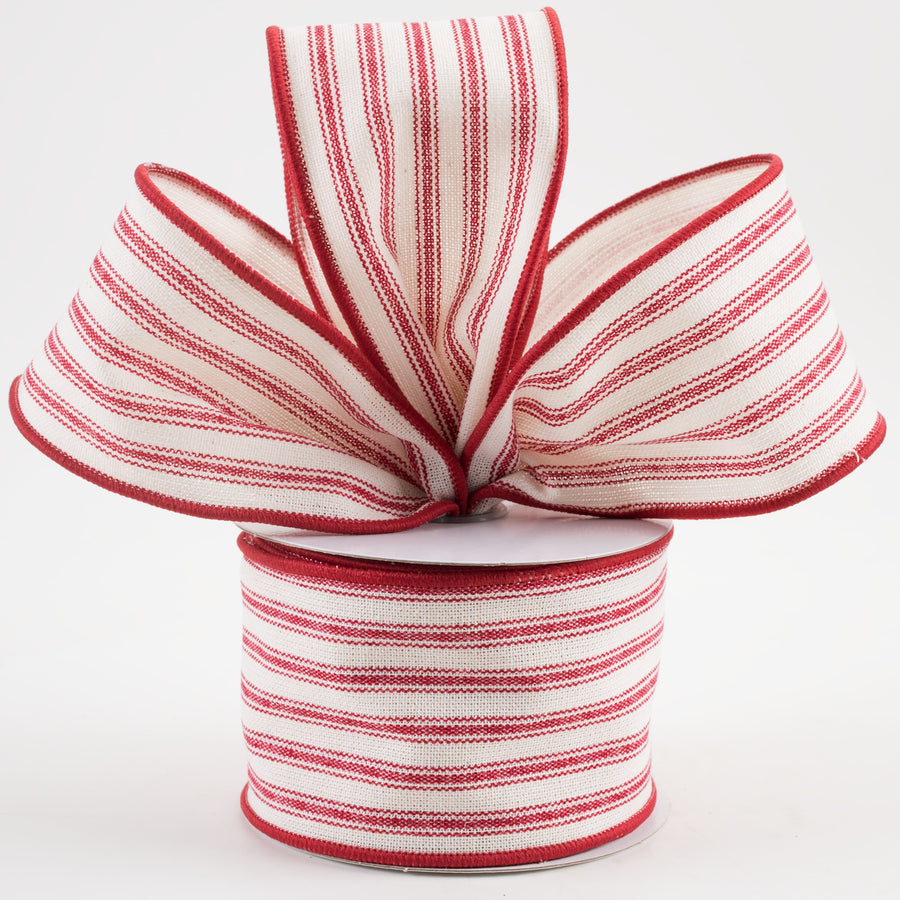 2.5" Ticking Stripe Ribbon: Ivory & Dark Red (10 Yards) Lifestyle Photo