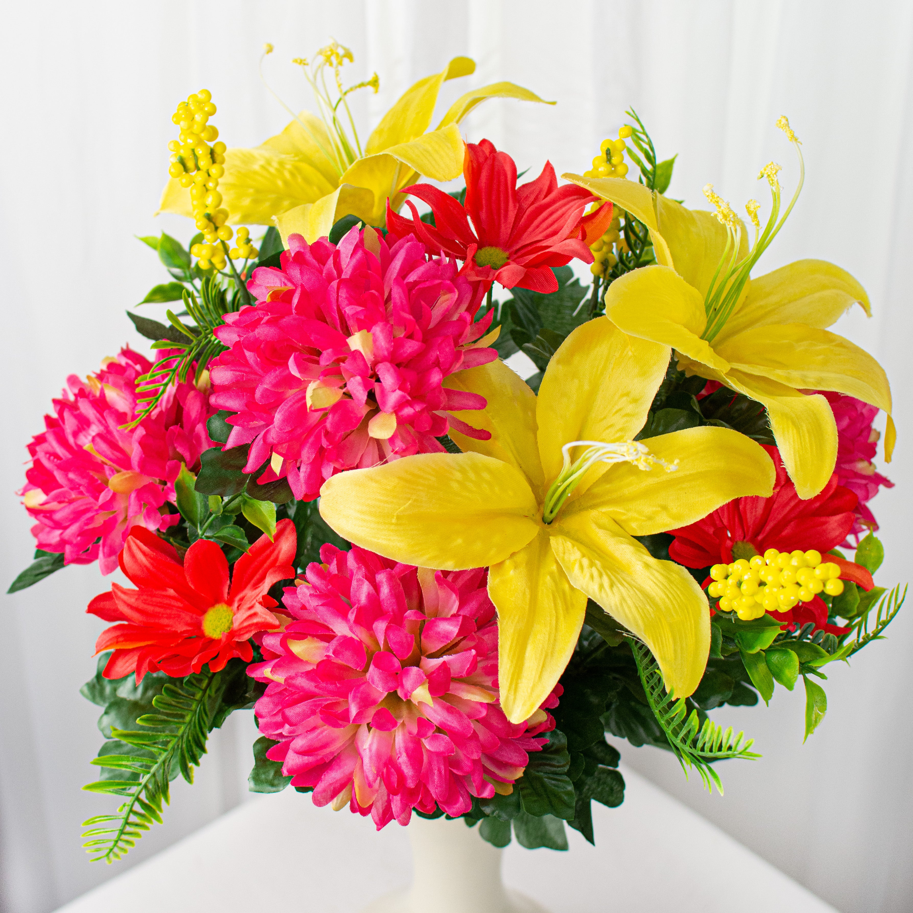21" Tiger Lily & Mum Bush: Fuchsia, Yellow, Coral Item Number: 30559BTYWCO