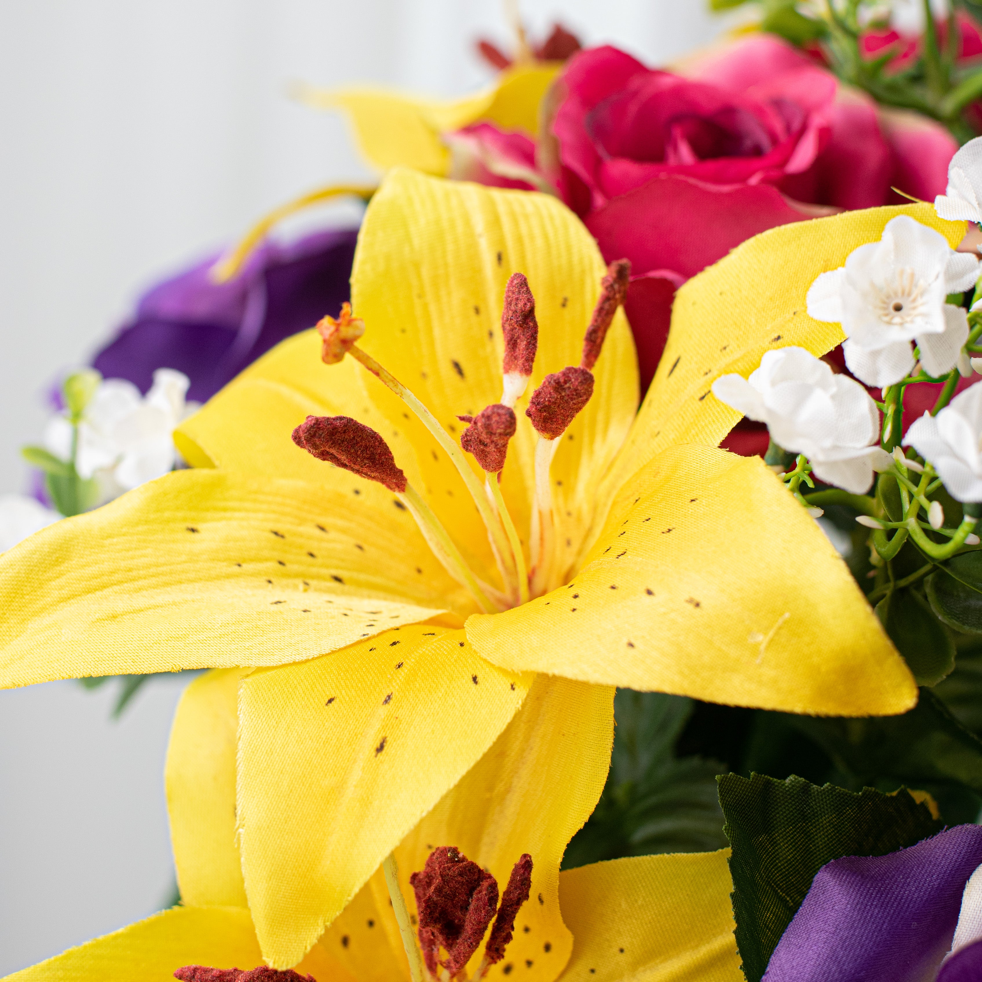 22" Tiger Lily, Rose, Peach Blossom Bush: Purple, Fuchsia, Yellow Lifestyle Photo