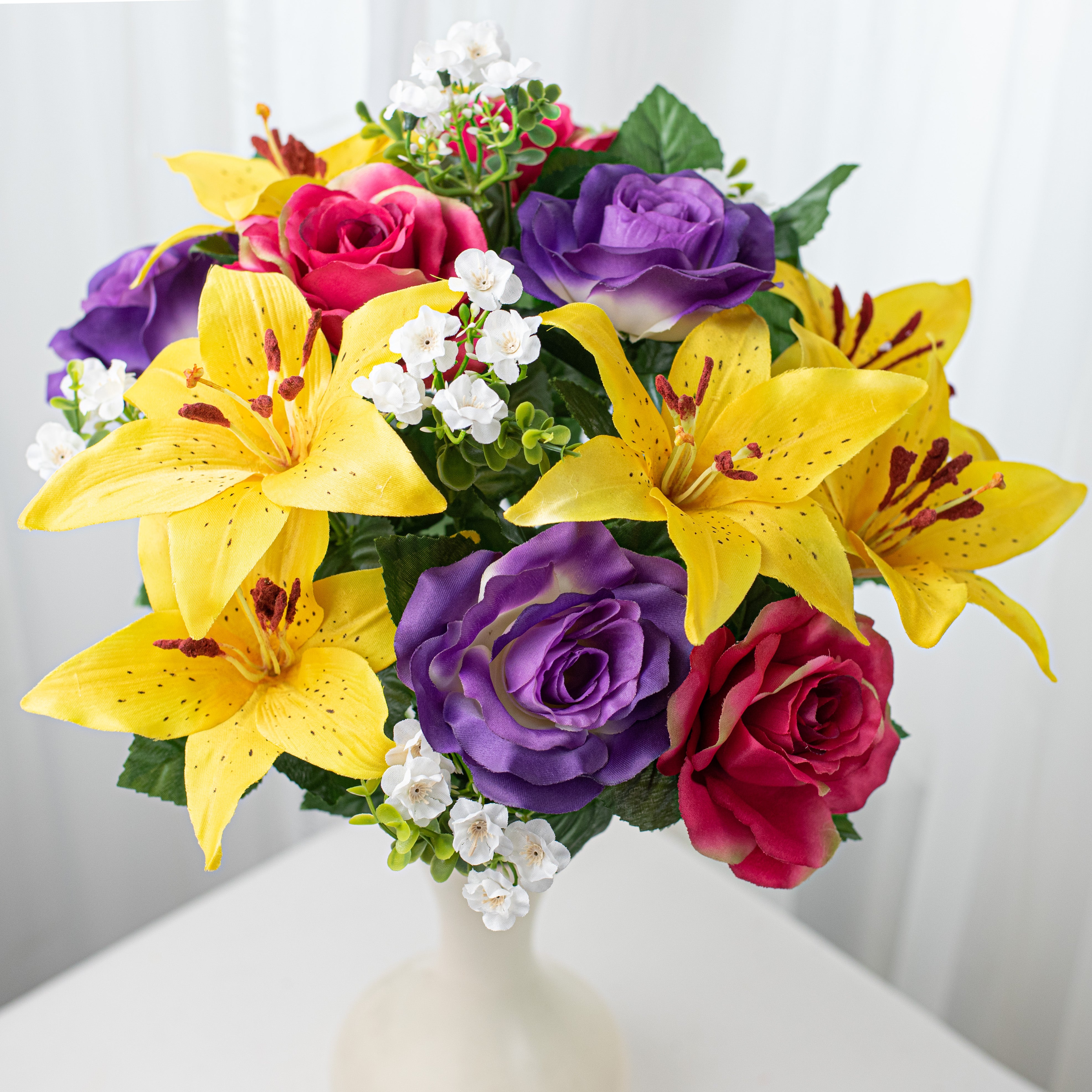 22" Tiger Lily, Rose, Peach Blossom Bush: Purple, Fuchsia, Yellow Item Number: 35040PUBTYW