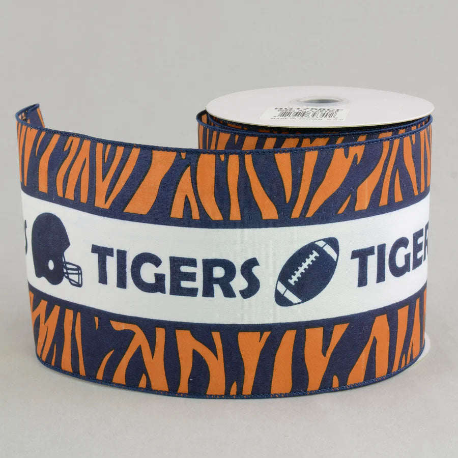 4" Tiger Stripe Football Helmet Ribbon: Navy & Orange (10 Yards) detail photo 3