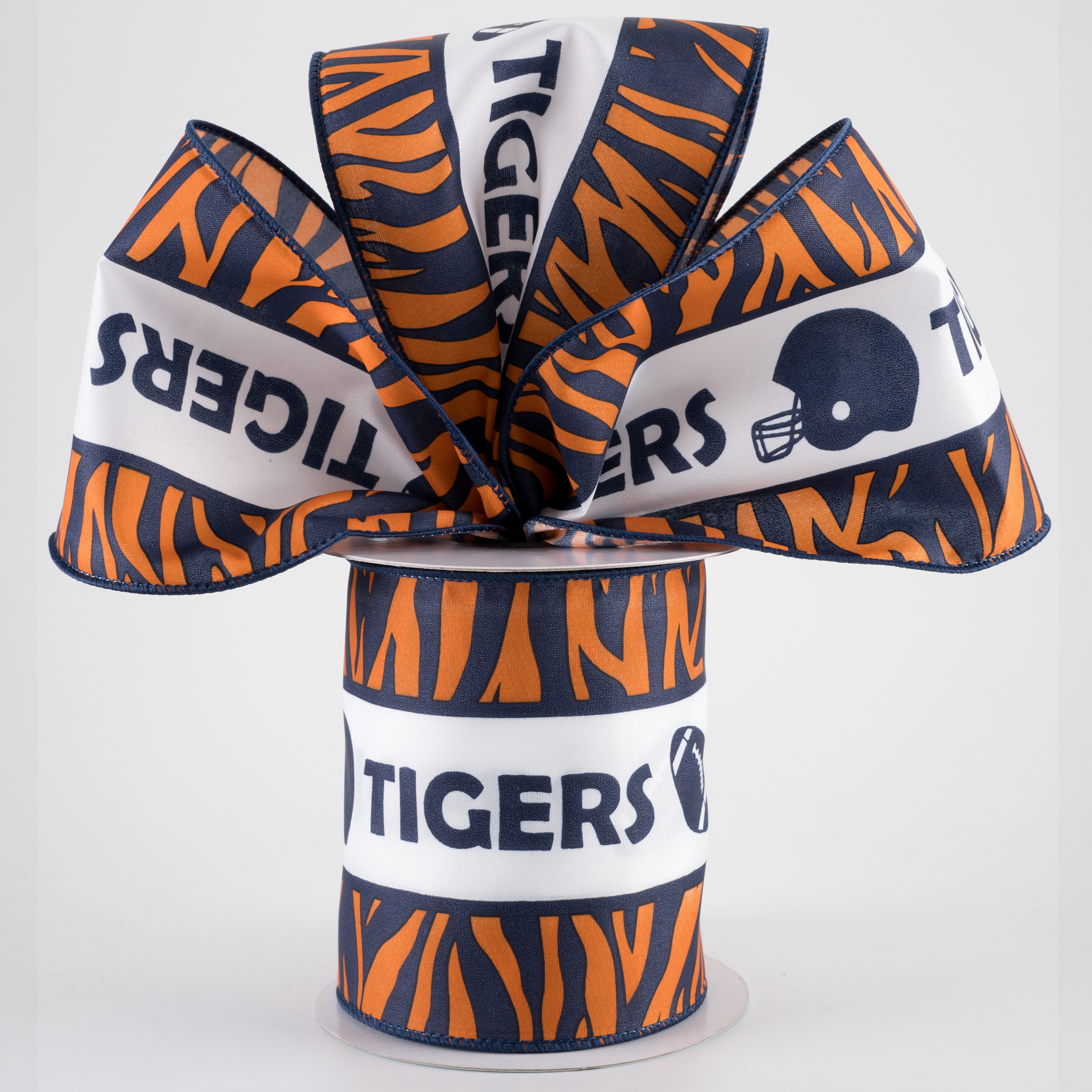 4" Tiger Stripe Football Helmet Ribbon: Navy & Orange (10 Yards) Lifestyle Photo