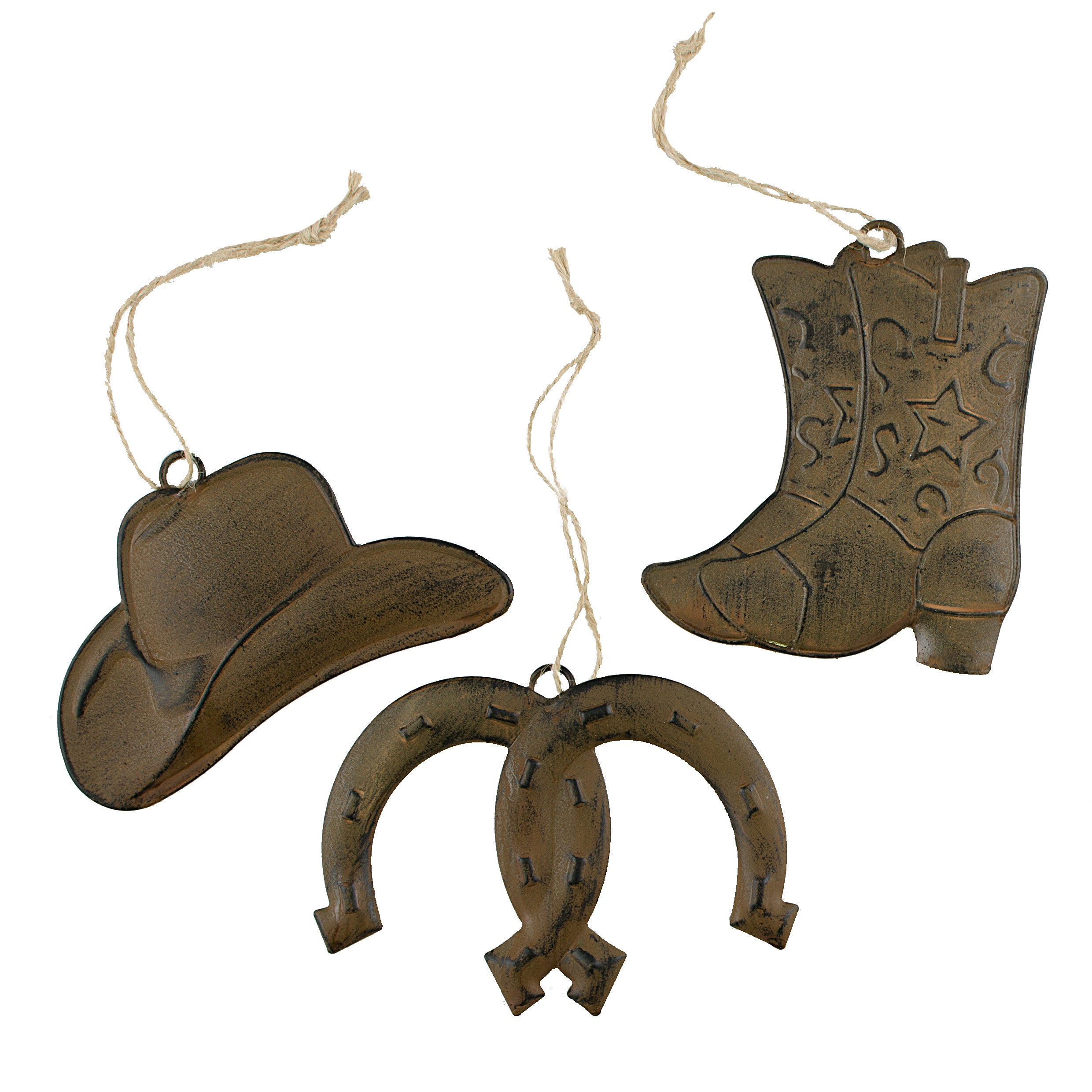Tin Antique Rust Western Ornaments: Hat, Boot & Horseshoe (3) Item Number: MS124582