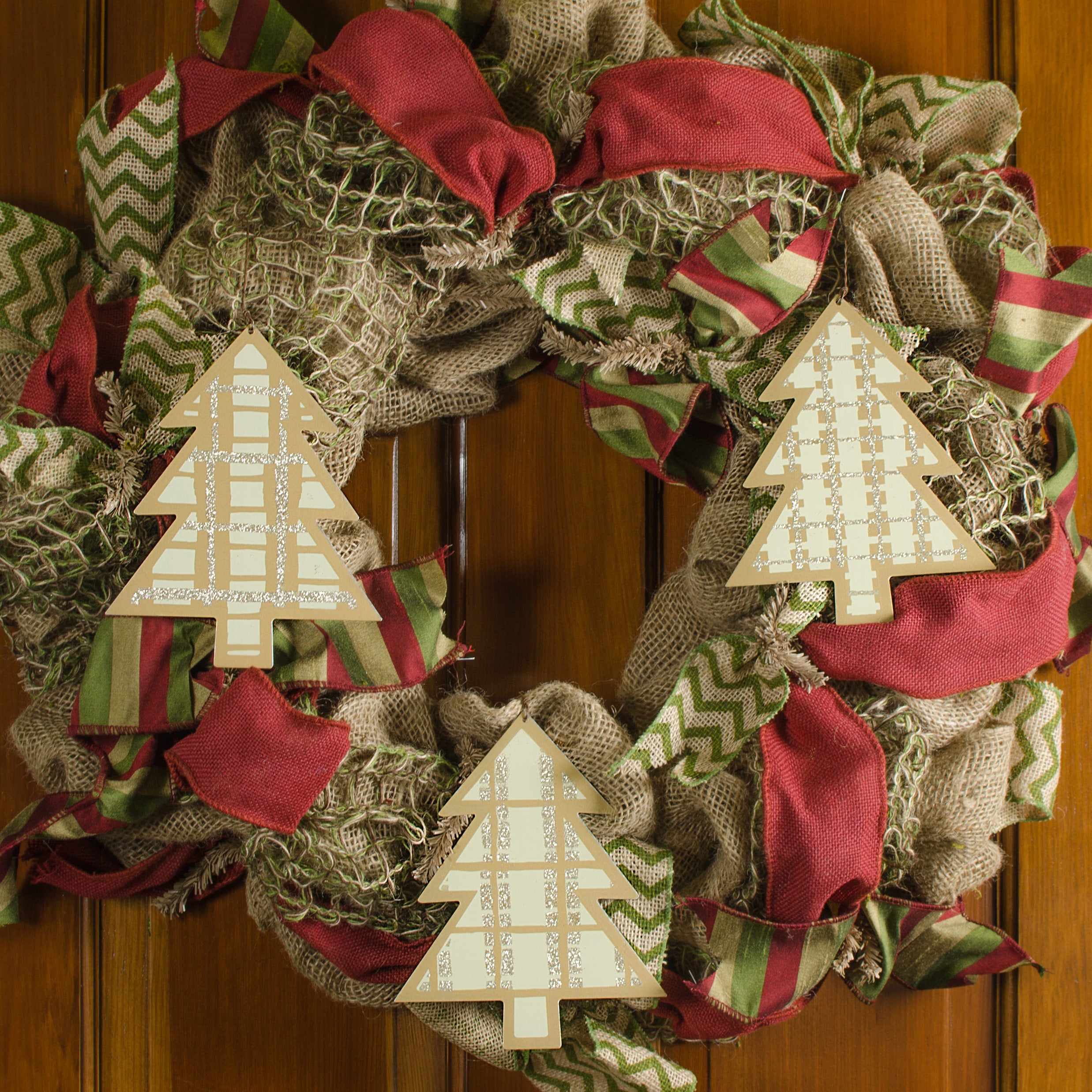 7" Tin Plaid Holiday Tree Ornaments: Gold & White (Set of 3) Lifestyle Photo