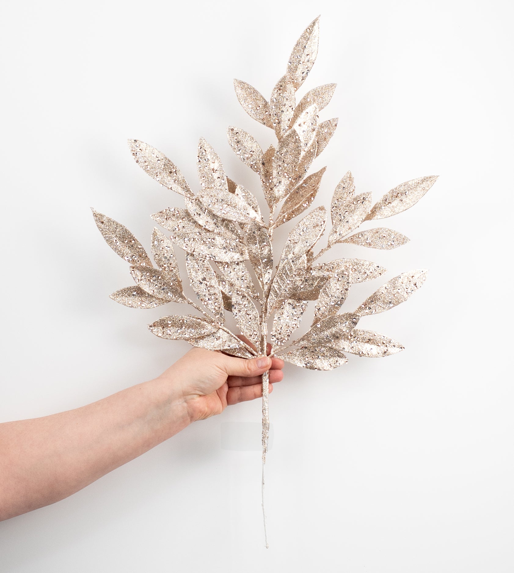 23" Tinsel Glitter Bay Leaf Spray: Champagne Gold detail photo 3