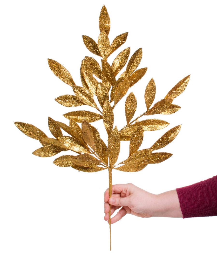 23" Tinsel Glitter Bay Leaf Spray: Gold Lifestyle Photo