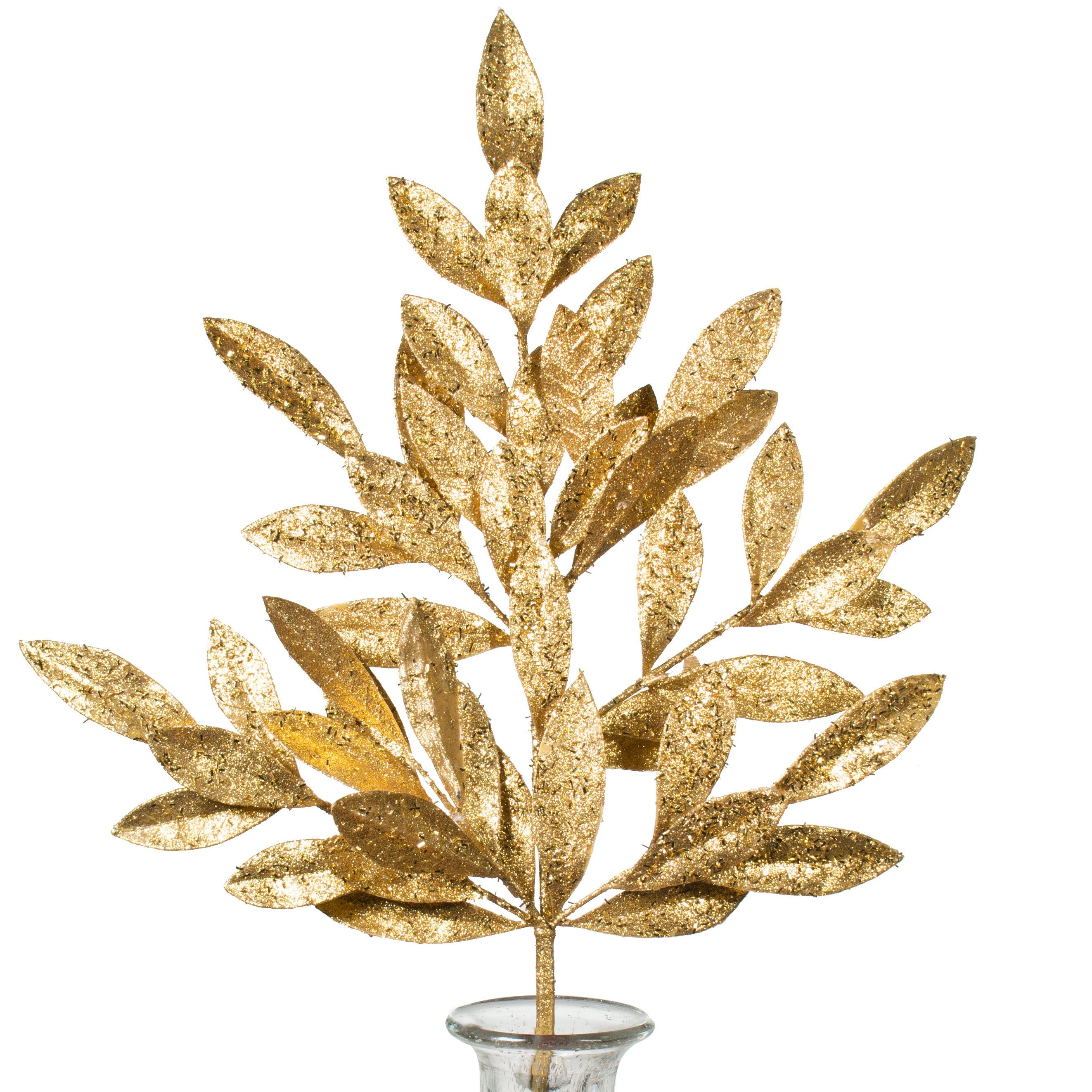 23" Tinsel Glitter Bay Leaf Spray: Gold Item Number: XX088508