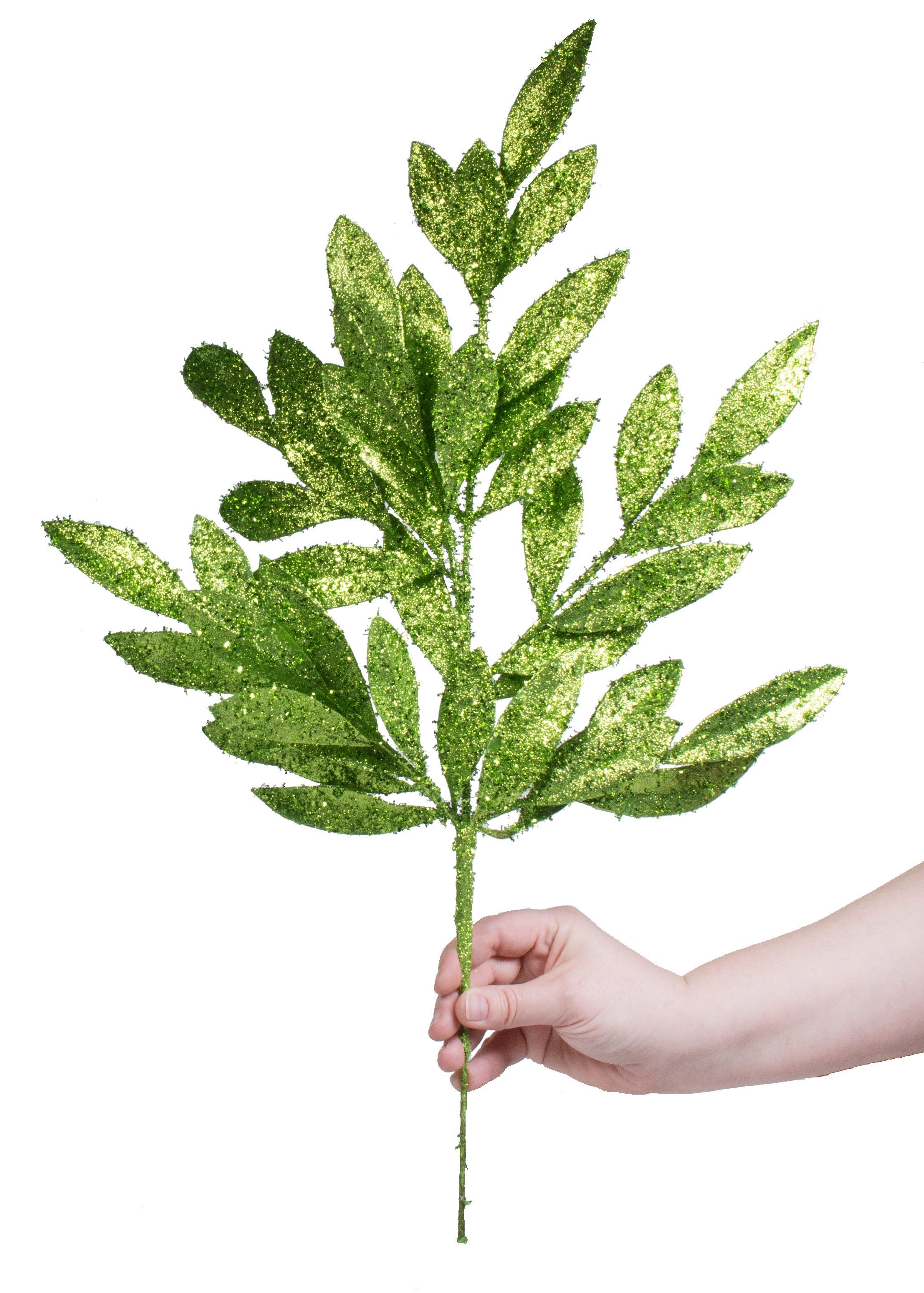 23" Tinsel Glitter Bay Leaf Spray: Lime Green detail photo 4