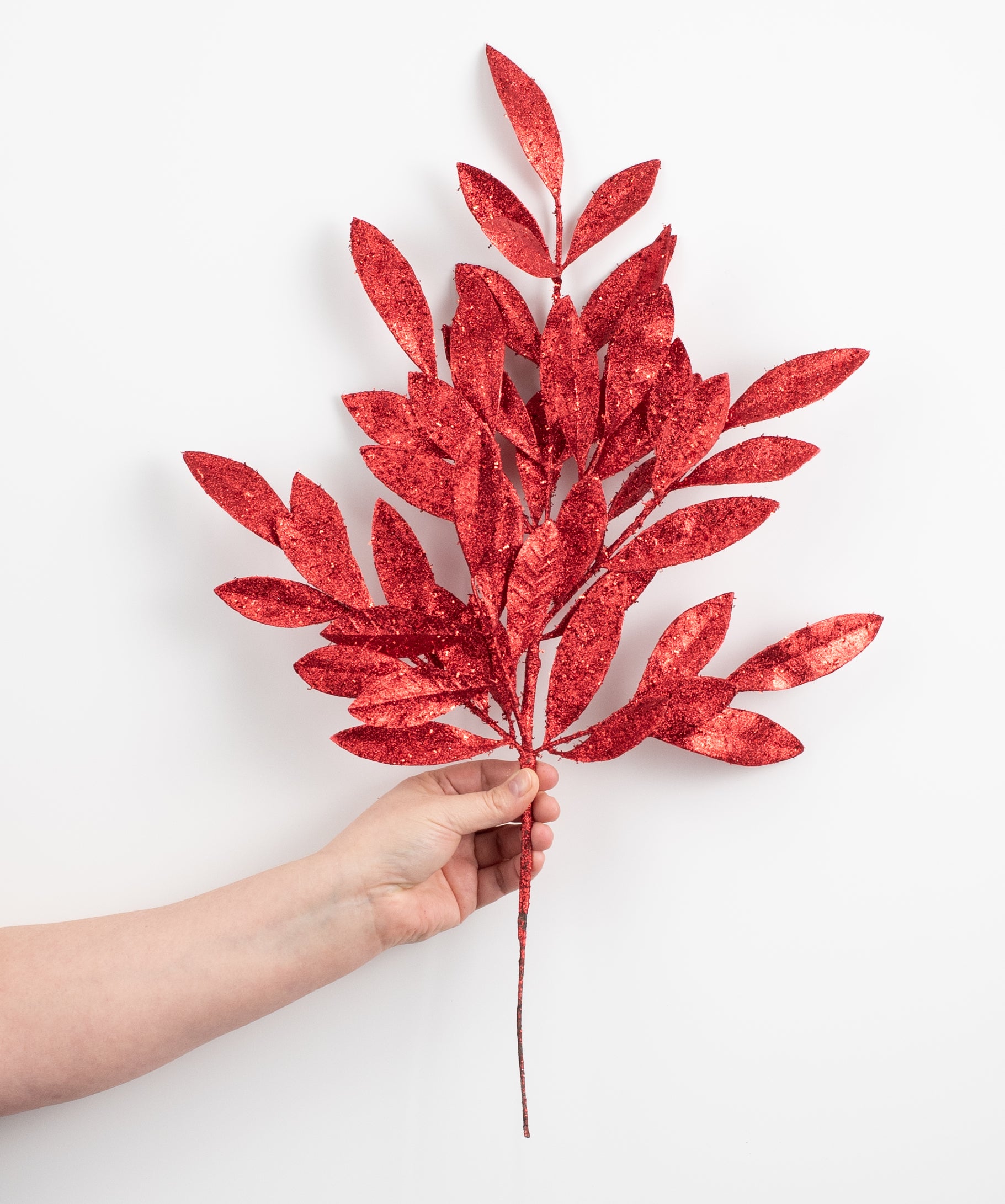 23" Tinsel Glitter Bay Leaf Spray: Red detail photo 3