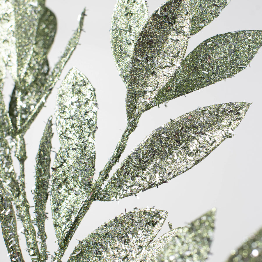23" Tinsel Glitter Bay Leaf Spray: Sage Green Lifestyle Photo