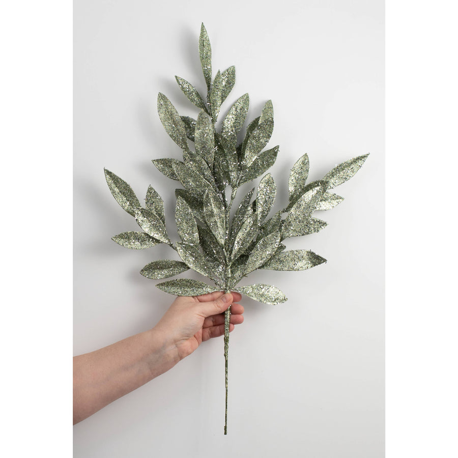 23" Tinsel Glitter Bay Leaf Spray: Sage Green detail photo 3