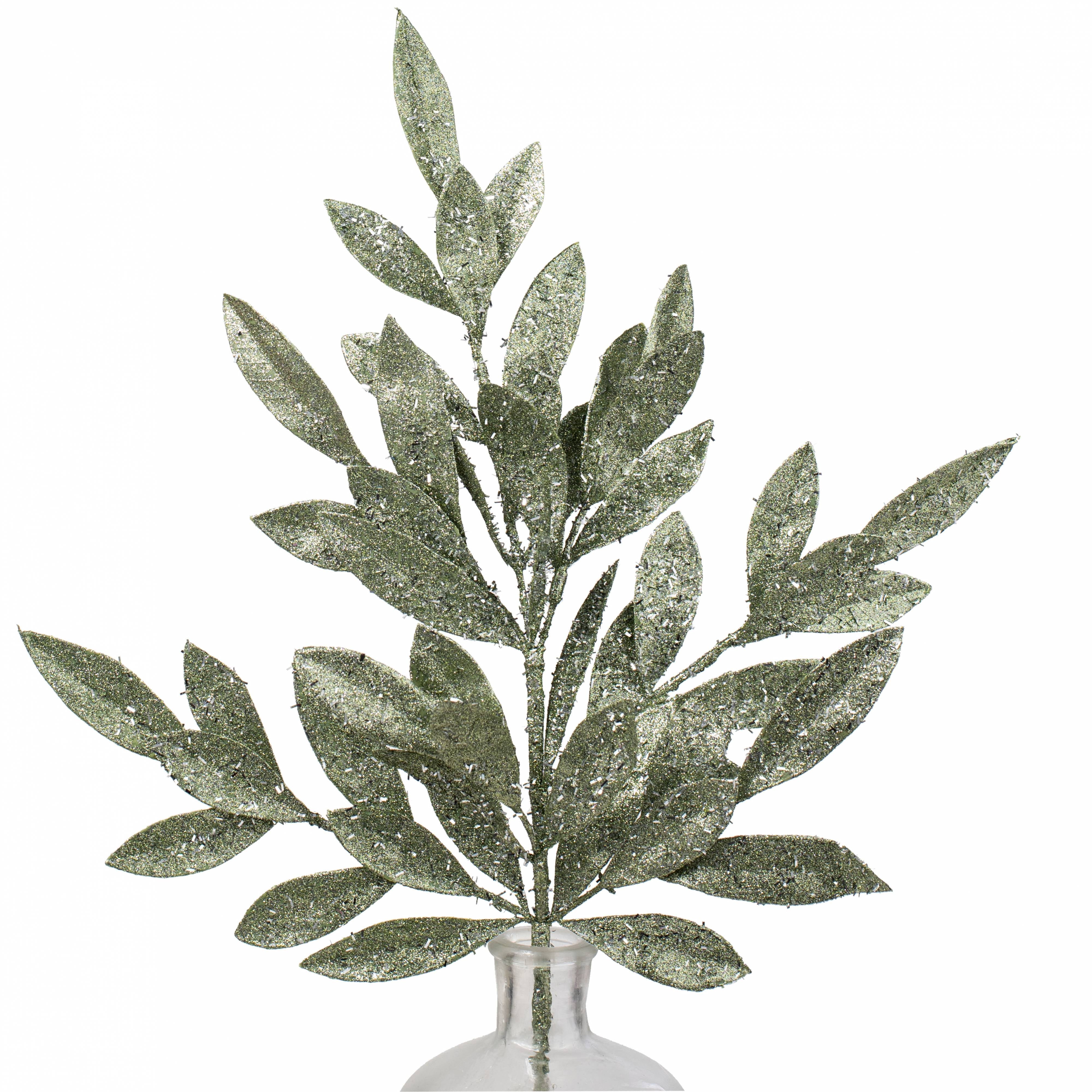 23" Tinsel Glitter Bay Leaf Spray: Sage Green Item Number: XS618279