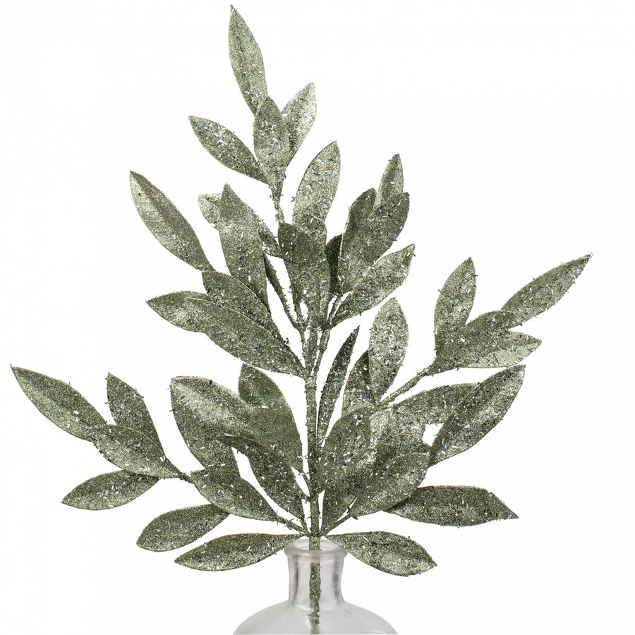 23" Tinsel Glitter Bay Leaf Spray: Sage Green Item Number: XS618279