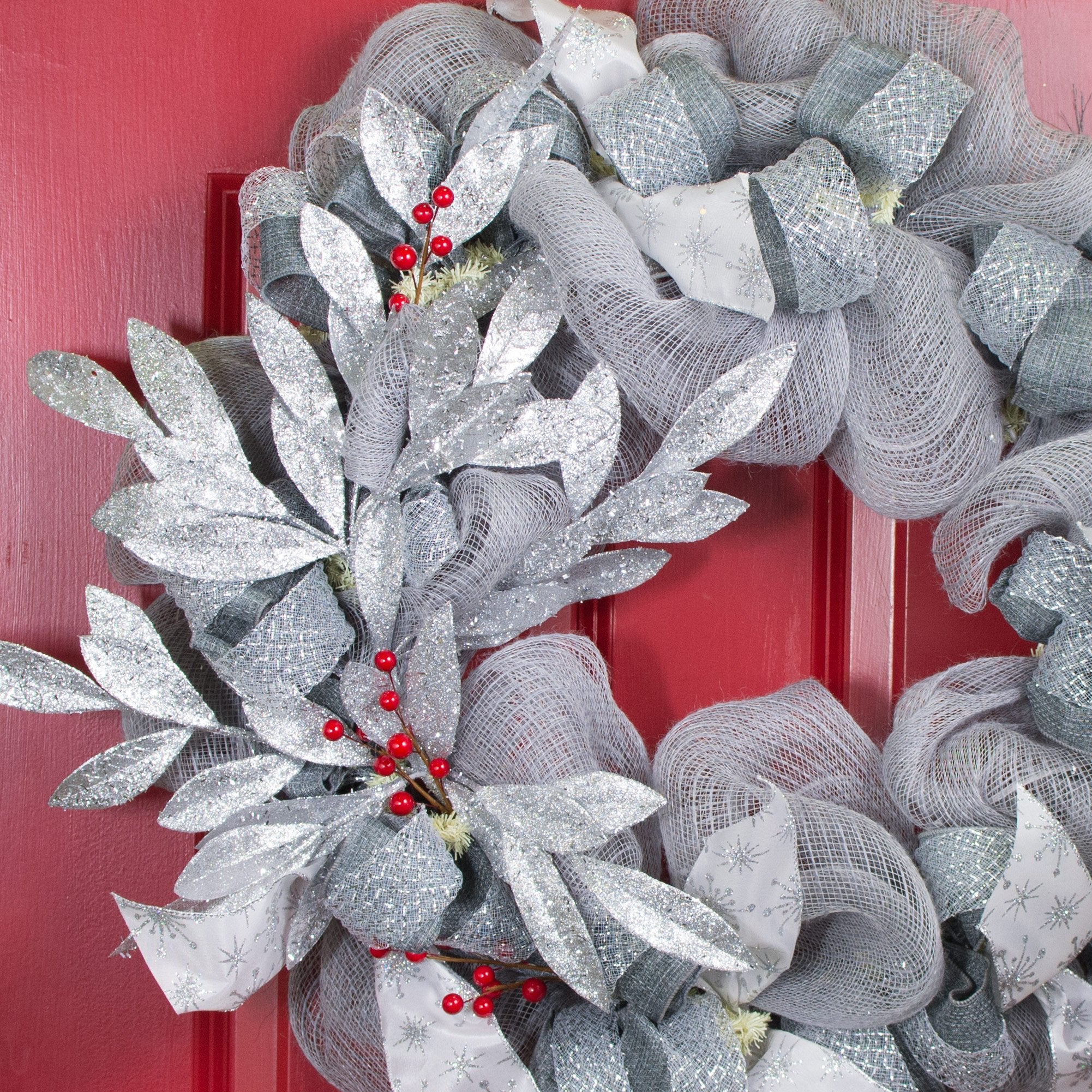 23" Tinsel Glitter Bay Leaf Spray: Silver Lifestyle Photo