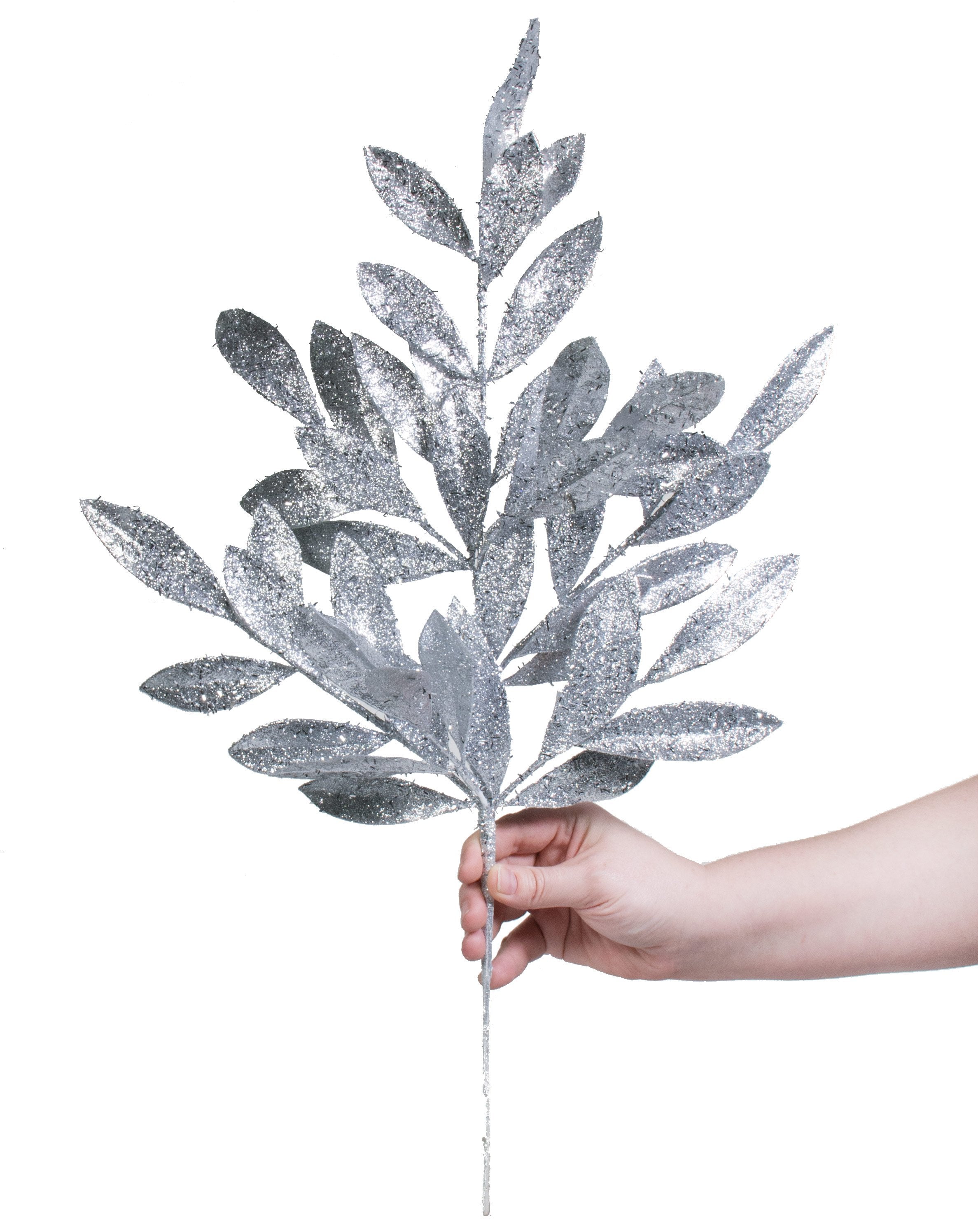 23" Tinsel Glitter Bay Leaf Spray: Silver detail photo 4