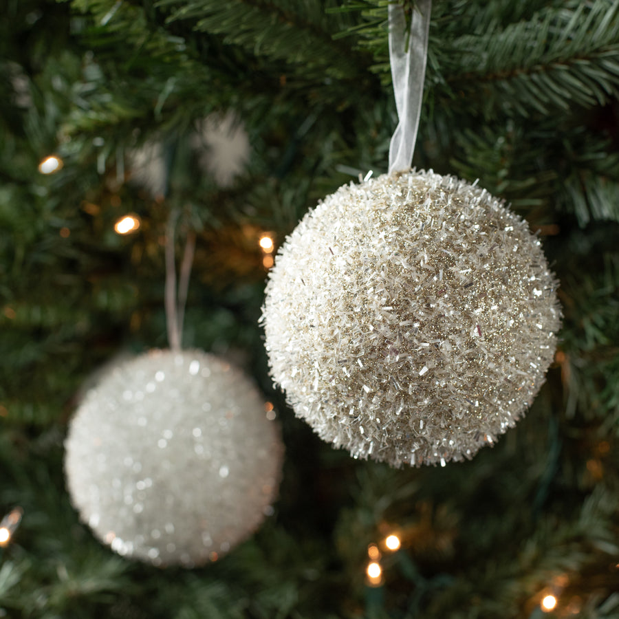 4" Tinsel Iced Ball Ornaments: Champagne & White (4) Lifestyle Photo